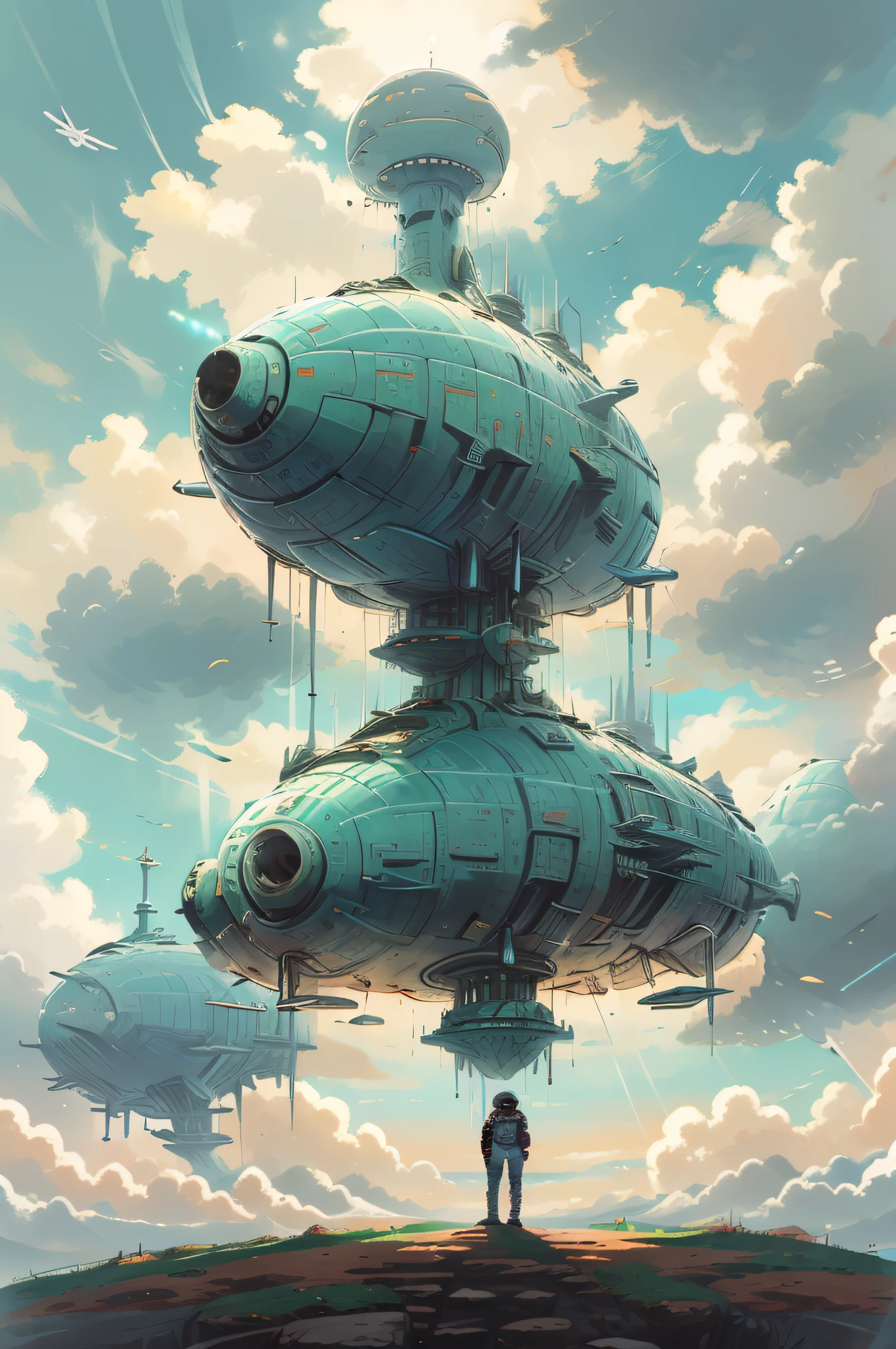 best quality,masterpiec,Megalophobia,giant phobia,giant [neowrsk:whale:0.7],cloud,sky,in sky,A Astronaut in Space Suitlooks up on the ground,low angle,Symmetrical composition,whale