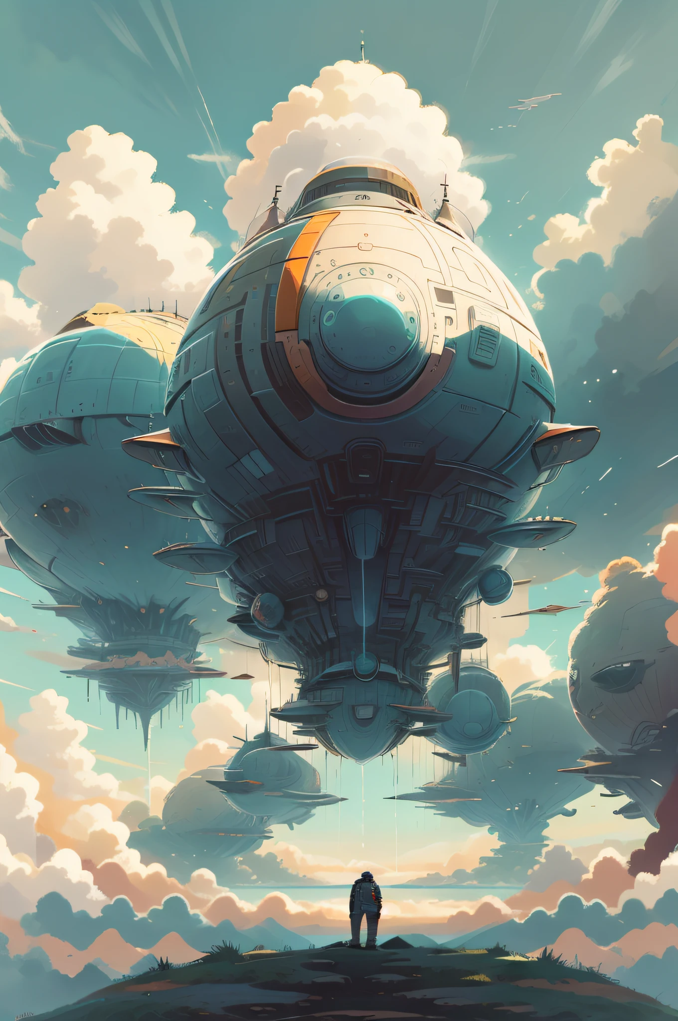 best quality,masterpiec,Megalophobia,giant phobia,giant [neowrsk:whale:0.7],cloud,sky,in sky,A Astronaut in Space Suitlooks up on the ground,low angle,Symmetrical composition,whale