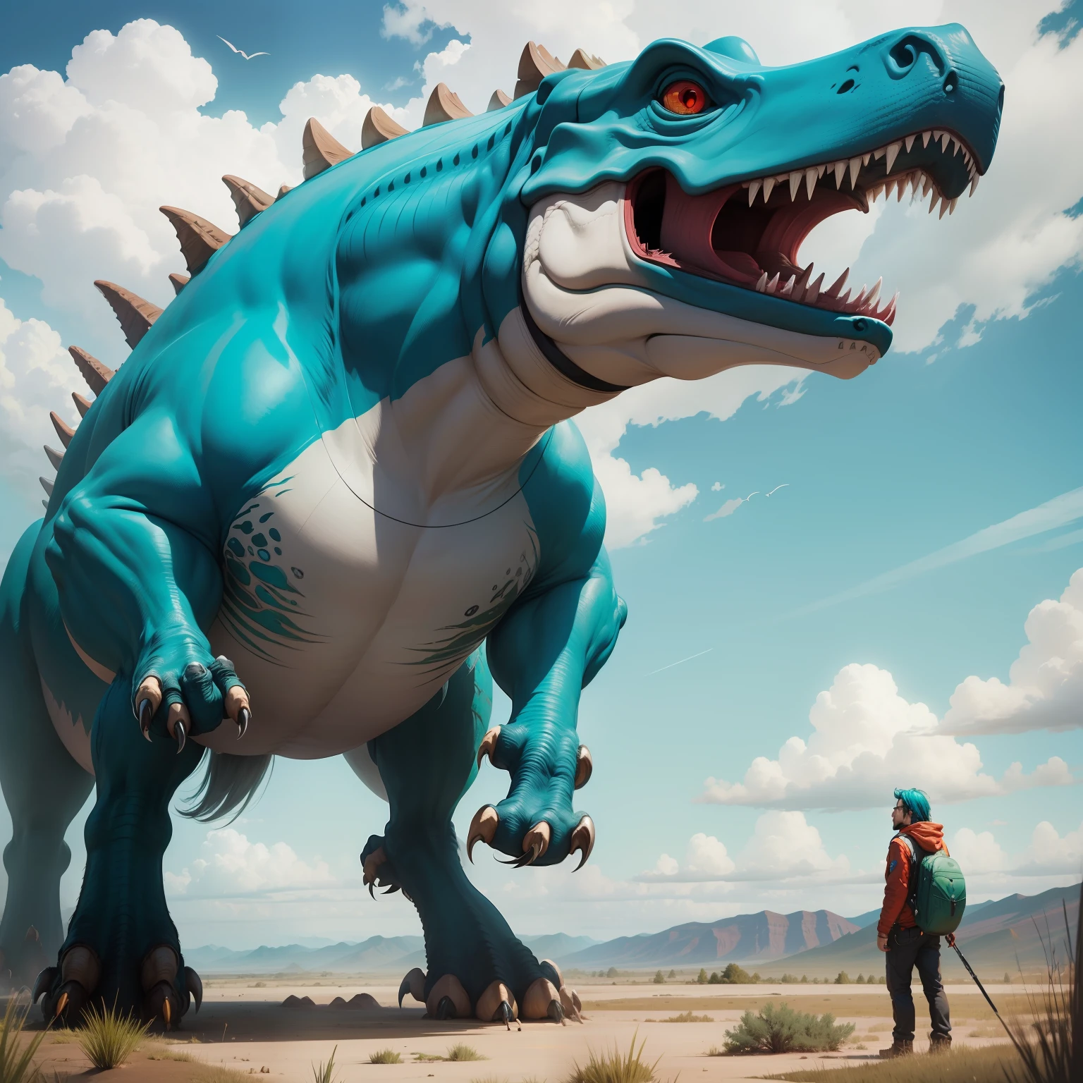 Turquoise Prairie,Giant Tyrannosaurus rex,Red eyes,Forest edge