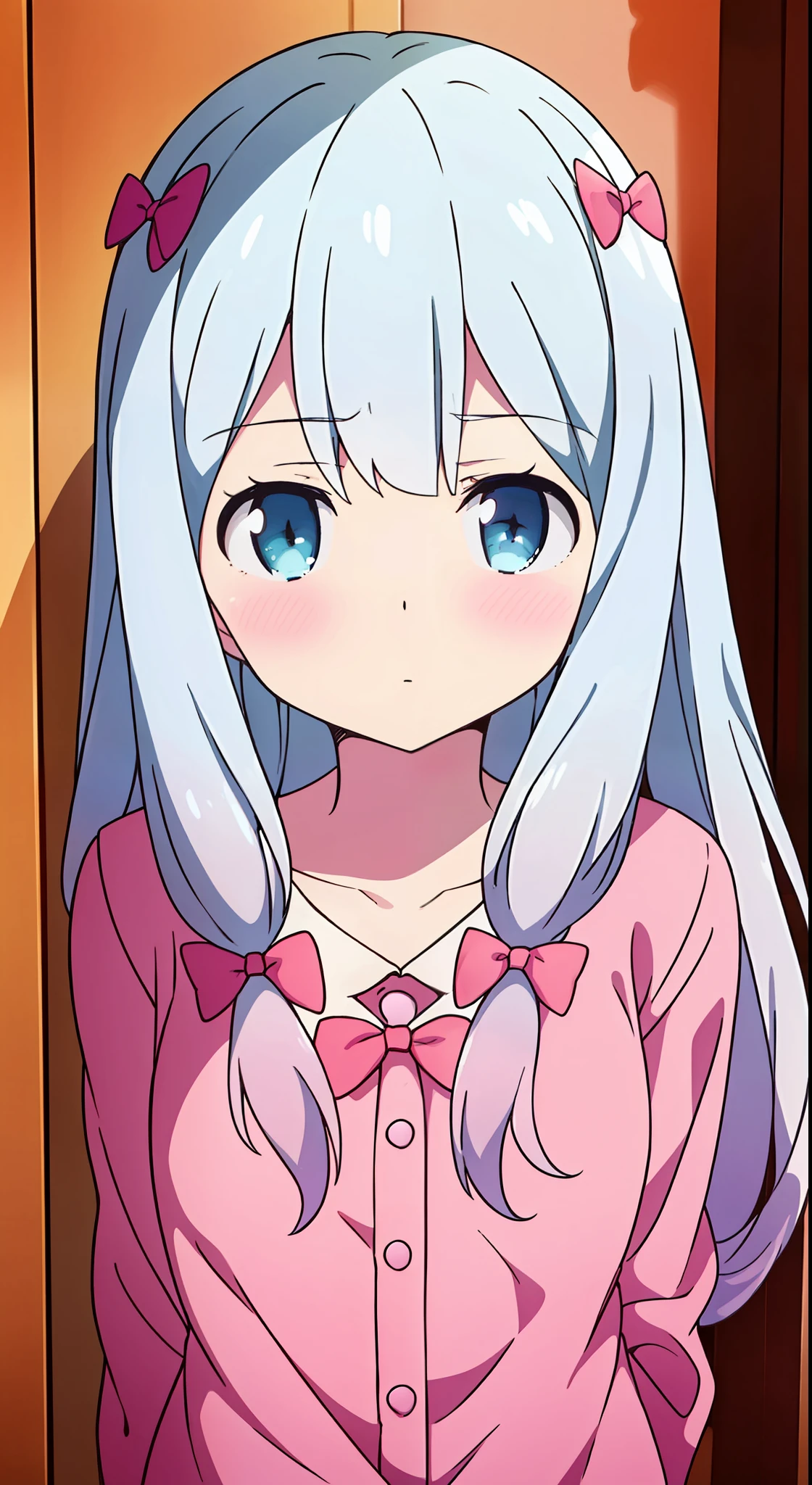 (best quality,masterpiece:1.2),1girl, long hair, solo, blue eyes, blush, bow, grey hair, hair bow, pink bow, looking at viewer, pajamas, pink shirt, shirt,