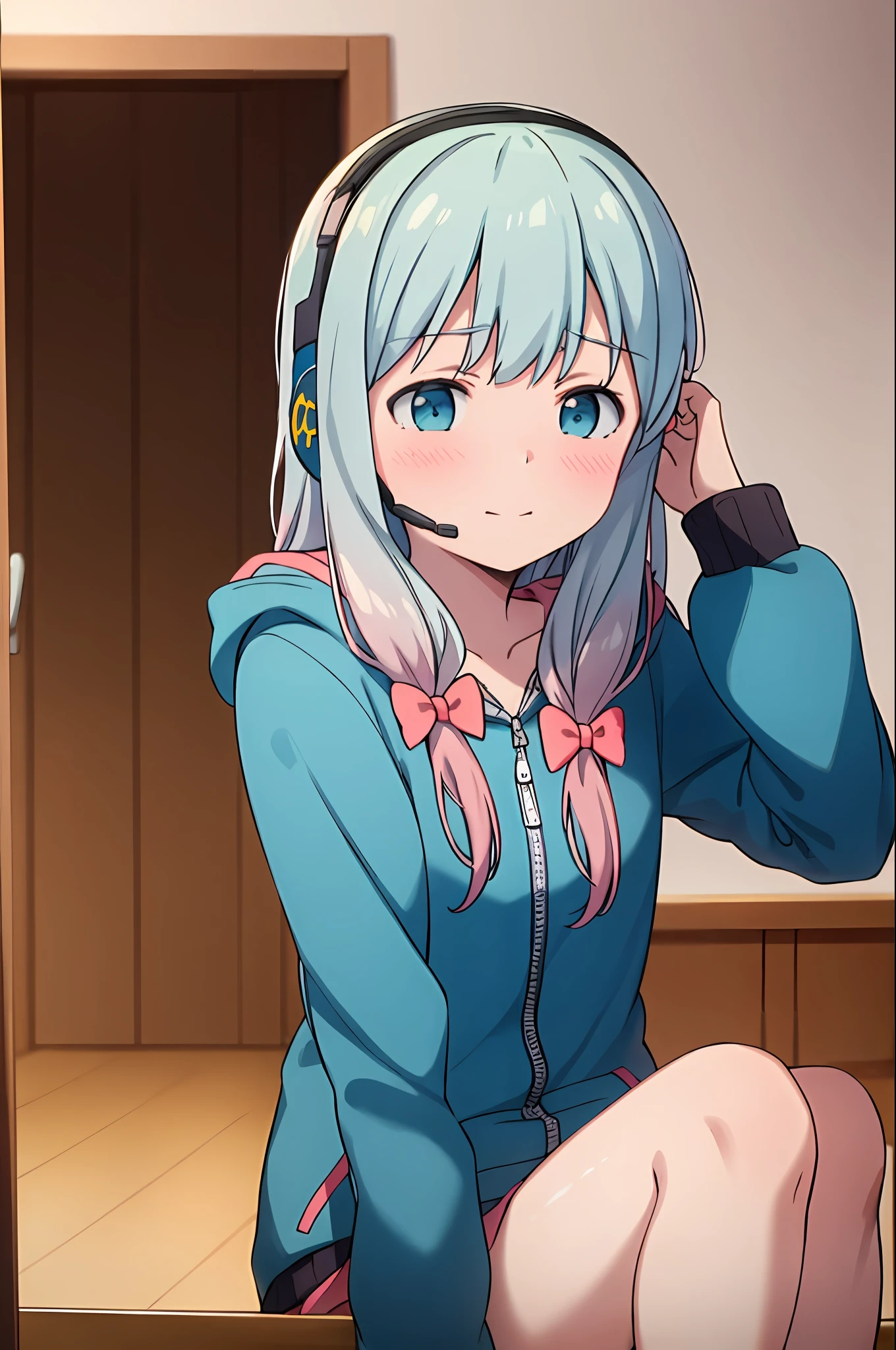 Best quality, (Masterpiece:1.2), Highly detailed,
Indoors, Bedroom,
 Sleep Spring,
1girll, Solo, Sitting, Upper body, from the front side, looking at viewert, Closed mouth, Blush, Slight smile,
whaite hair, Long hair, multicolored hair, Blue eyes,
Green jacket, Hood, headset on head, Pink bow