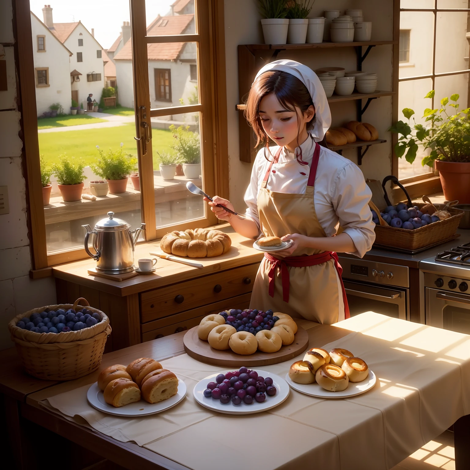 In the bakery, There are baked bagels on the table and table. Puppet cat in chef's clothes touches blueberry sauce on a cut bagel with a spatula. In the Middle Ages, The sun shines brightly. In the morning, Outside there is a lush garden