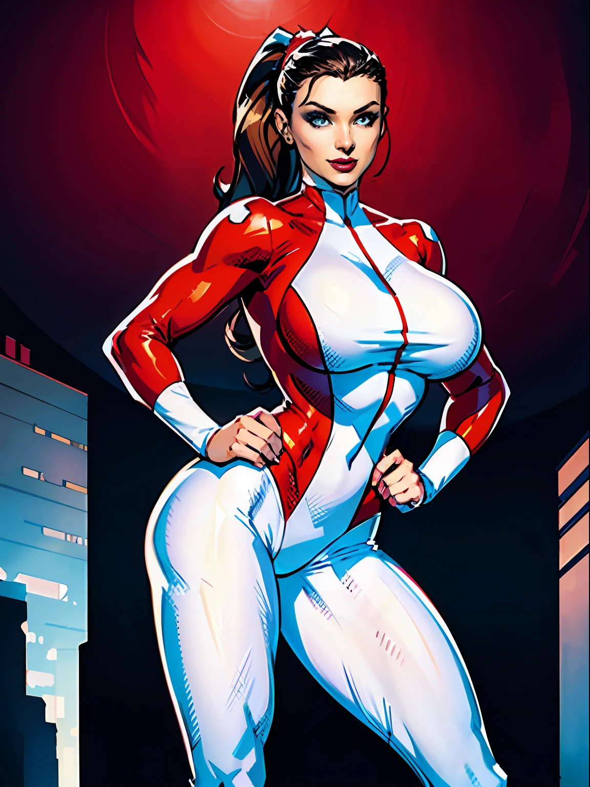 1girl, Stretcher the busty comic book woman, masterpiece, beautiful, high quality, high definition, superb quality, highly detailed, insane detail, sexy pose, posing for cameras, hands on hips, happy, smiling, stretching, hand on hip, long hair, huge ponytail, slim, thin, athletic, womanly, rubbery, elastic woman, (white and red spandex, white and red legs, tight top), rubber body, brunette, ((huge breasts, slim waist)), city, heroic, cheerful, (bold nose, hawkish facial features),