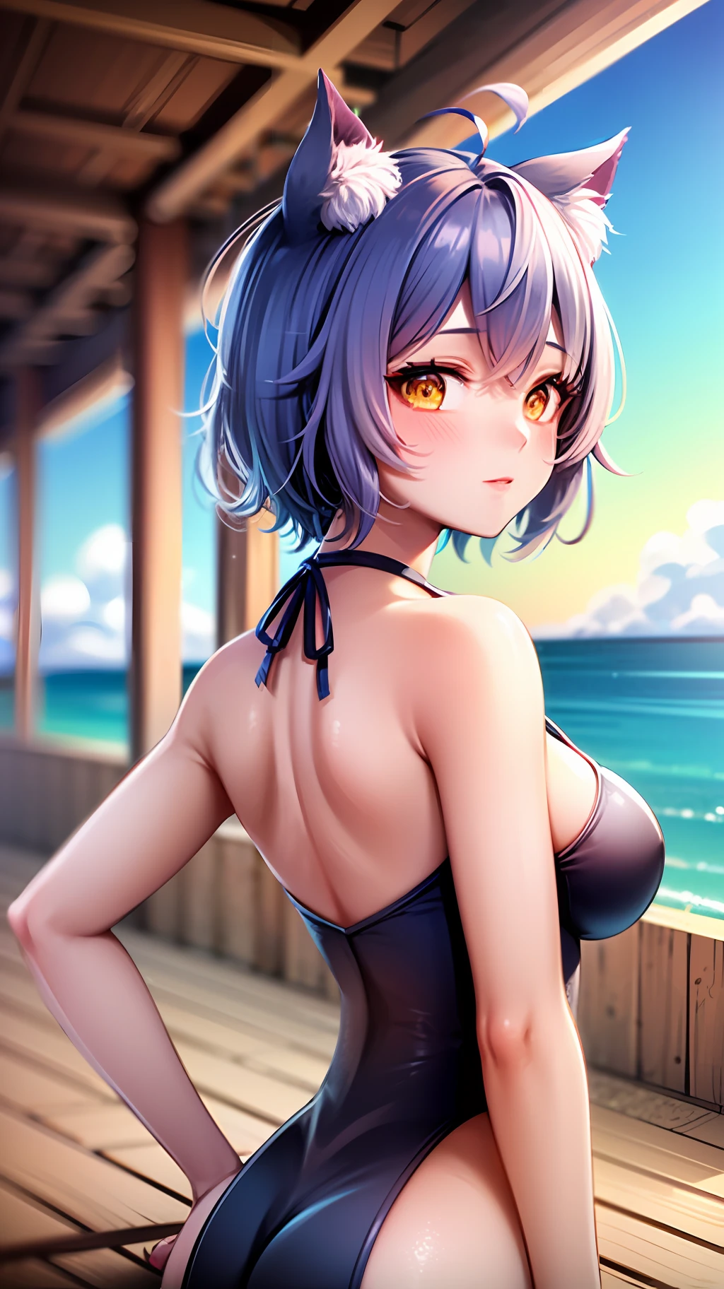 ((4k,masterpiece,best quality)),an extremely cute and beautiful girl with cat ears,beautiful light blue short hair,bangs pinned back,ahoge,colored inner hair,highly detailed beautiful face and yellow eyes,cute,blush,swim suit,beach,super fine illustration,shiney sun lighting,sky blue tone