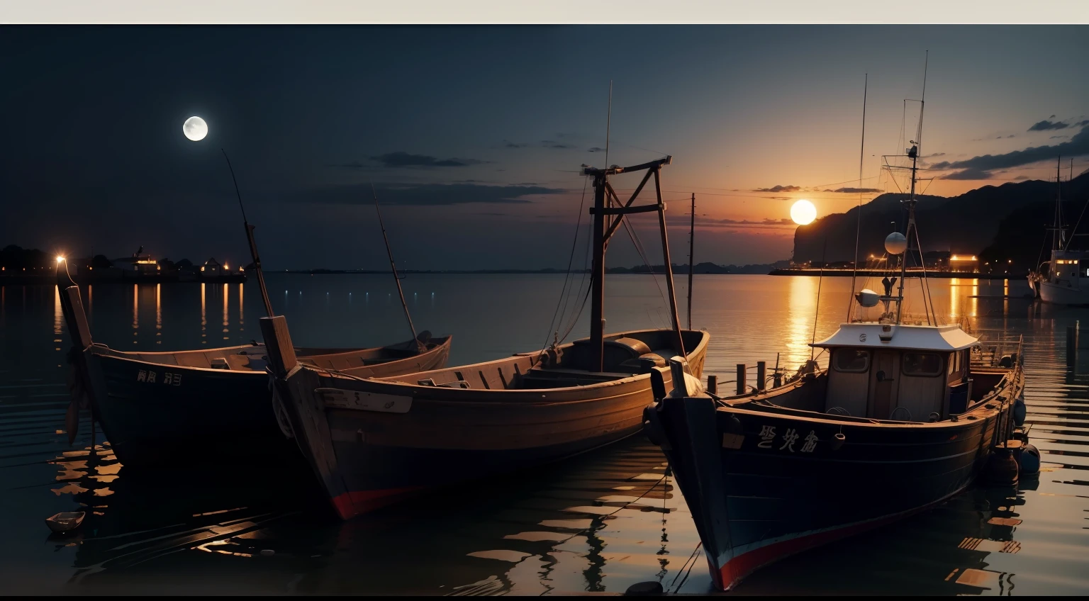 fishing boats、Mare、natta、dark、a moon