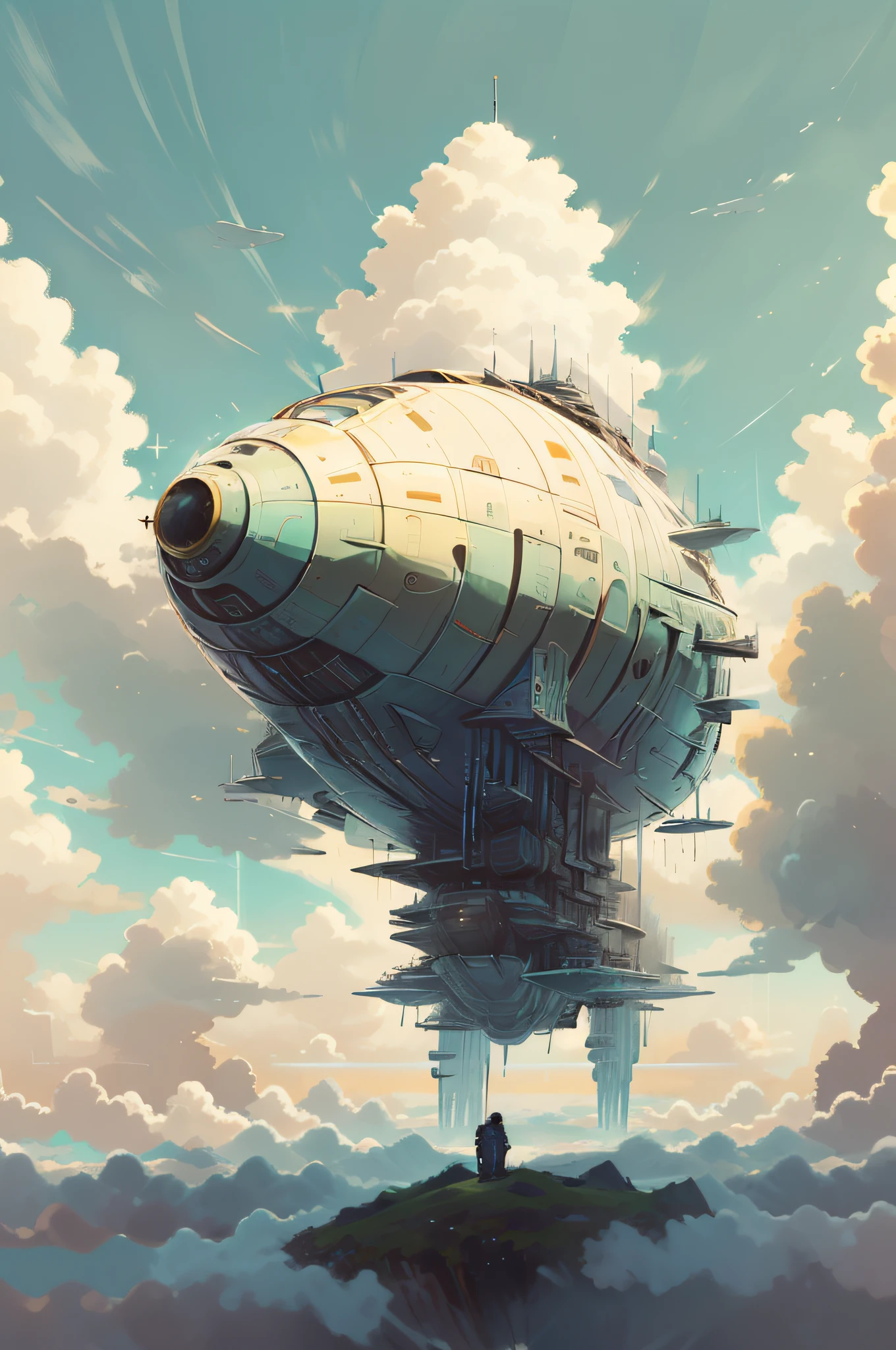 best quality,masterpiec,Megalophobia,giant phobia,giant [neowrsk:whale:0.7],cloud,sky,in sky,A Astronaut in Space Suitlooks up on the ground,low angle,Symmetrical composition,whale