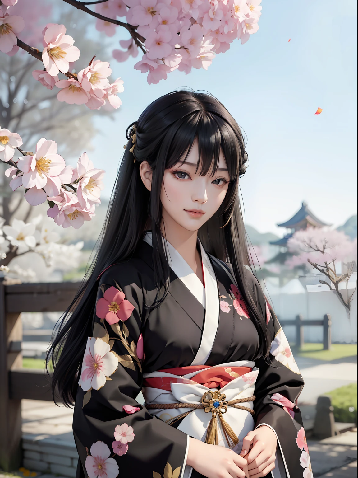 Mature girl、Long Black Hair、Hair should not be tied back、A slight smile、Black-haired、Colorful Japan kimono、Nishijin Ori、Delicate and smart eyes、intricate damask hanfu、Luxury accessories、FOV、F1.8、masterpiece、complex scenes、flower petals flying、Diagonal portrait shot、