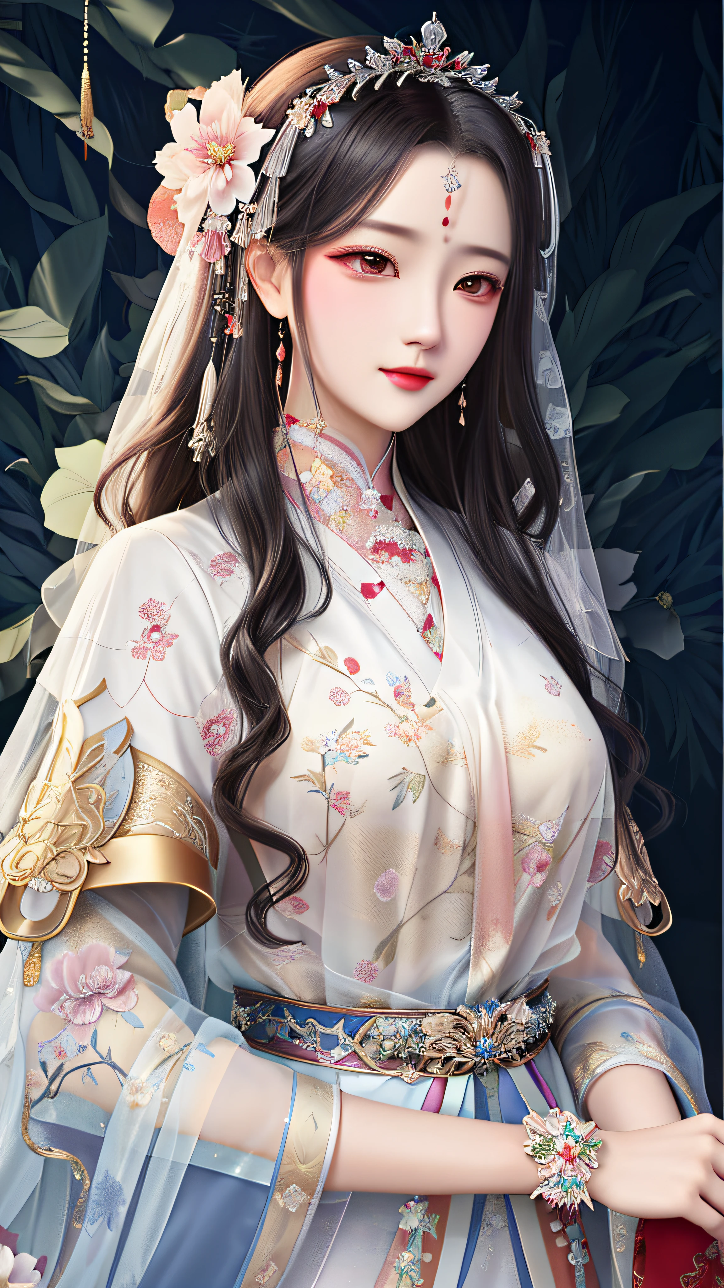 Close-up of a woman in a veil and a floral dress, Palace ， A girl in Hanfu, ((a beautiful fantasy empress)), Guviz-style artwork, a beautiful fantasy empress, Guviz, Beautiful character painting, White Hanfu, 8K high quality detailed art, Inspired by Huang Ji, in the art style of bowater