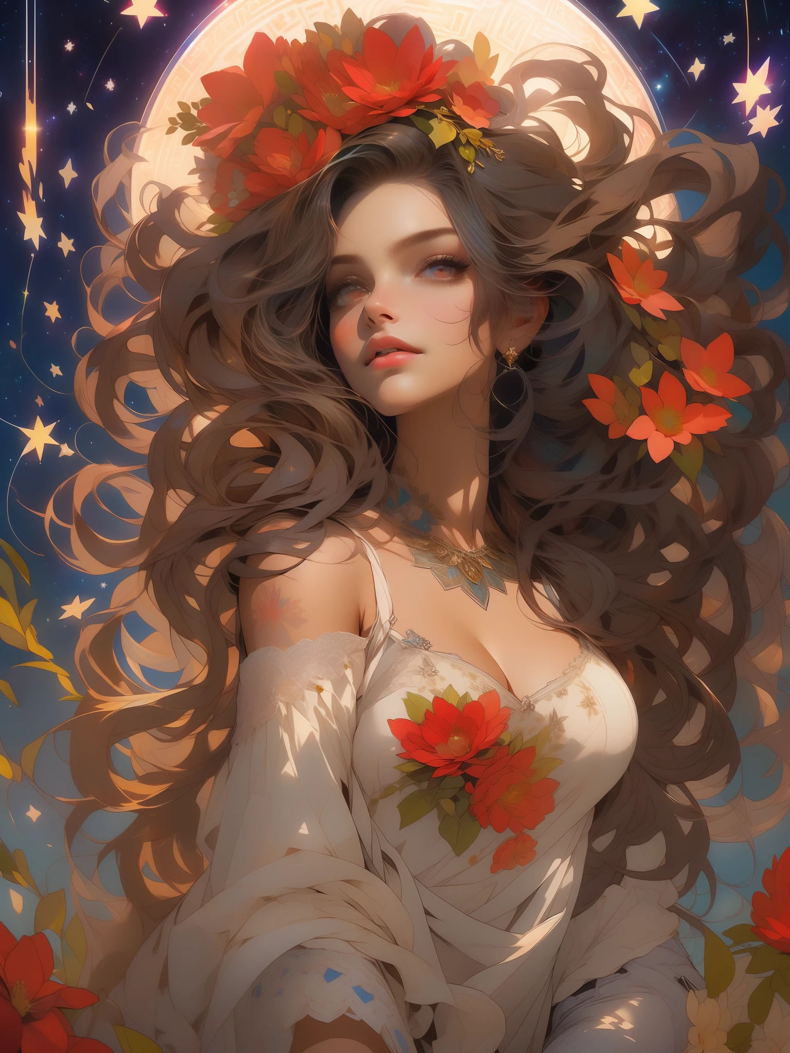 estilo de tatuagem tribal,Greece,alta qualidade, corpo feminino mulher,mulher bonita com cabelo preto longo,Estilo de tatuagem,Estilo Alphonse Mucha, campos de caramelo, obelisco, white location, marrom, Cores,Fantastic Paintings by Paolo Eleuteri Serpieri ,cores uhd, (Canon EOS 5D Marca IV:1.2), (obra-prima: 1.2), (melhor qualidade: 1.2), (altamente detalhado: 1.3), (detalhe intrincado), (capturando cada detalhe requintado:1.2), alta resolução, best illustration, perfect lighting, 4k, olhos perfeitos, rosto perfeito, perfect lighting, (high resolution, fotorrealista:1.4), (((corpo inteiro))), (master part, high resolution, fotorrealista:1.4), (Serena Noite Estrelada:1.2), ( com cabelo longo:1.2) Looking Up The Sky, deitado em um (gramado baixo:1.1), (mar de flores coloridas:1.2) Cercando-a, Creating a (magical ambiance:1.2), (camera capturing the scene:1.2), (Focus on the starry sky:1.2), (lua grande brilhante:1.2), (Cometa brilhante:1.2) Cutting the sky, deixando um (trilha luminosa:1.2) em seu rastro, (pura beleza e charme:1.2) symbolizing the connection between the girl and the universe around her, (Capturing the essence of celestial wonder:1.1).STYLE JKenneth Rocafort ::2.9 (masterpiece:1.2, best quality), (finely detailed beautiful eyes: 1.2), ((1girl Kelly Brook very beautiful woman BIG BREAST(solo)), (red eyes:1.4), (finely detailed eyes and detailed face:1.3),), (with jeans and a white t-shirt or dress:1.3), (beautiful and clear background:1.2), (extremely detailed CG, ultra-detailed, best shadow:1.1), ((depth of field)), ((watercolor)), large breasts, barders, flowers and petals, beautiful concept illustration , (white background:0.5), (illustration :1.1), (extremely fine and beautiful:1.1), (perfect details:1.1) experience