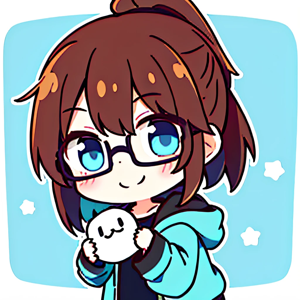 1girll,tchibi,Buffy,mano,V logo,beckon,cheerfulness,Love you,Single ponytail,brown hair,blue color eyes,black-frame glasses,Gradient hair color,Manteau blanc