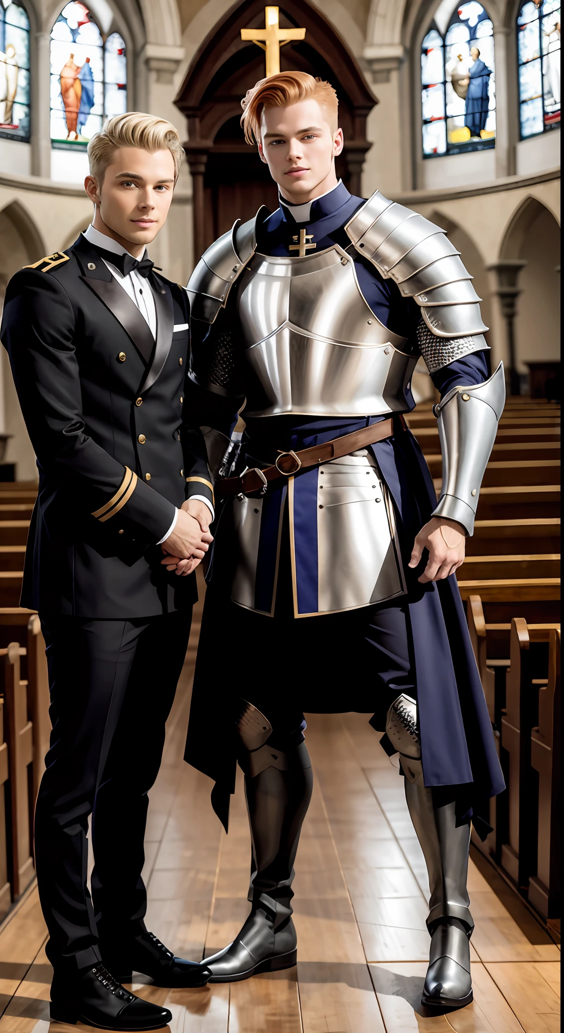 tmasterpiece， Best quality at best， 2 young men， A gay couple， Homosexuality， 2 Men， A red-haired person and another blonde person， Height difference， Different colors， apathy， Loves， Church background， Thick and messy hair，Gay，Both wore SS uniforms，Knight boots Seductive feet，Model figure，Tall，