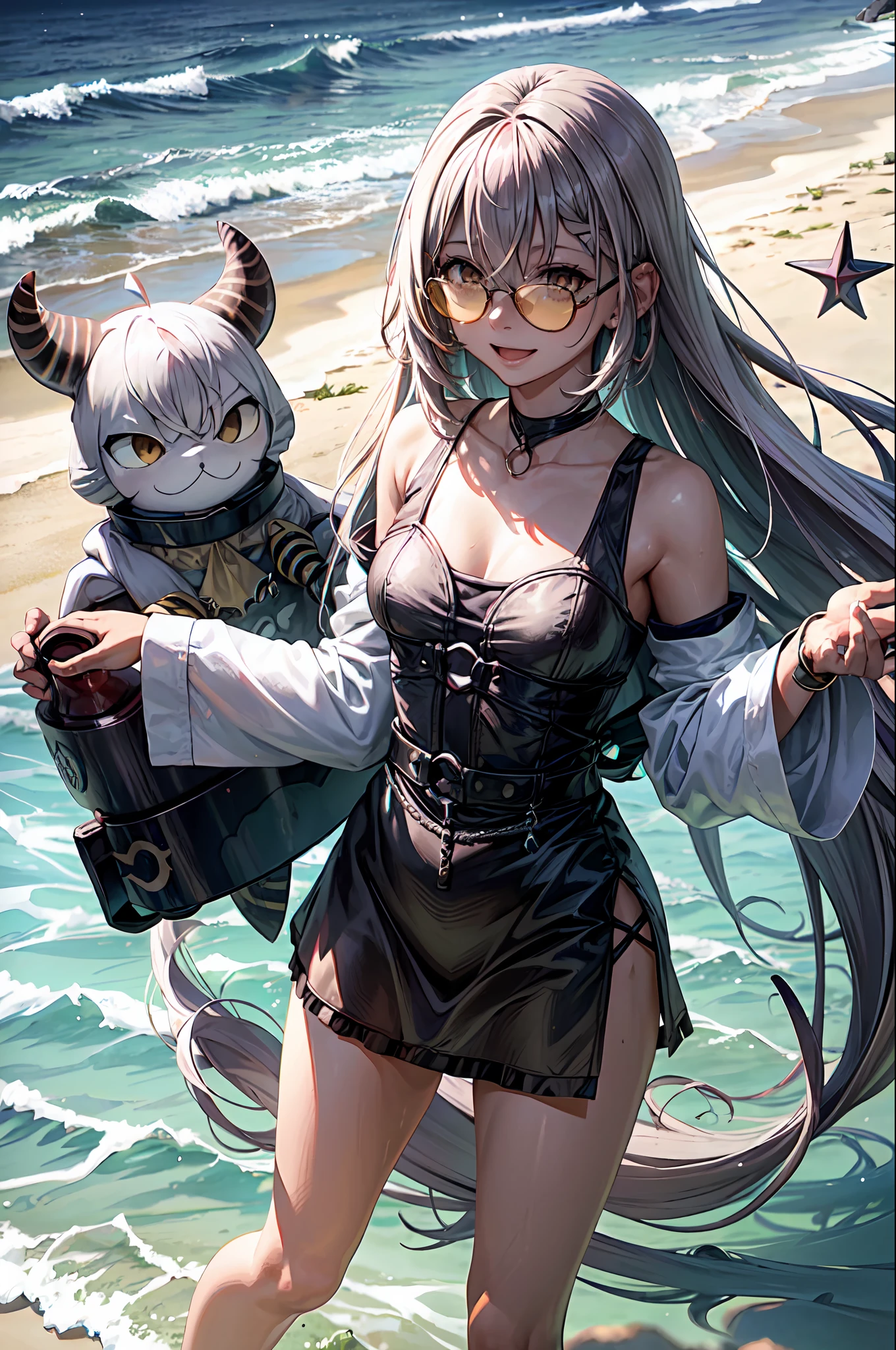 La imagen muestra a Nanashi Mumei en la playa, disfrutando del ambiente. She is dressed in a yellow swimsuit, brown and black, con gafas de sol en su cabello y una sonrisa alegre en su rostro. A su lado esta Laplus quien es la que esta sentada en una sombrilla en una alfombra, con sus gafas de sol puestas, observando el ambiente.The image is animated and in focus from above, lo que muestra la belleza de la playa y el ambiente. La calidad es de 16k, lo que hace que la imagen sea impresionante y vibrante.La imagen muestra a dos mujeres disfrutando del sol, la arena y el mar en una playa hermosa. It's a stunning image that captures the happiness and joy they feel from being there together..