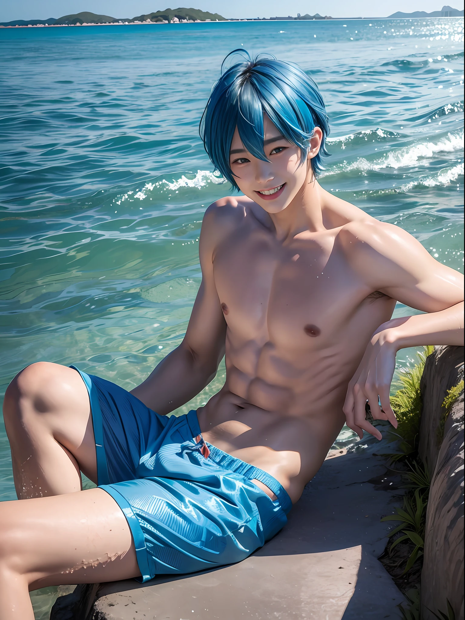 Blue-haired、Blue color hair。blue hairs。swimming trunks、a smirk、Joyful smile。Young men。(((male people)))。male in his 20s。Sunset beach。