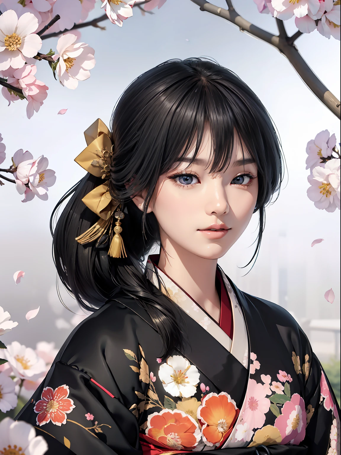 Mature girl、Long Black Hair、Do not tie your hair back、No ponytails、A slight smile、Black-haired、Colorful Japan kimono、Nishijin Ori、Delicate and smart eyes、intricate damask hanfu、Luxury accessories、FOV、F1.8、masterpiece、complex scenes、flower petals flying、Diagonal portrait shot、