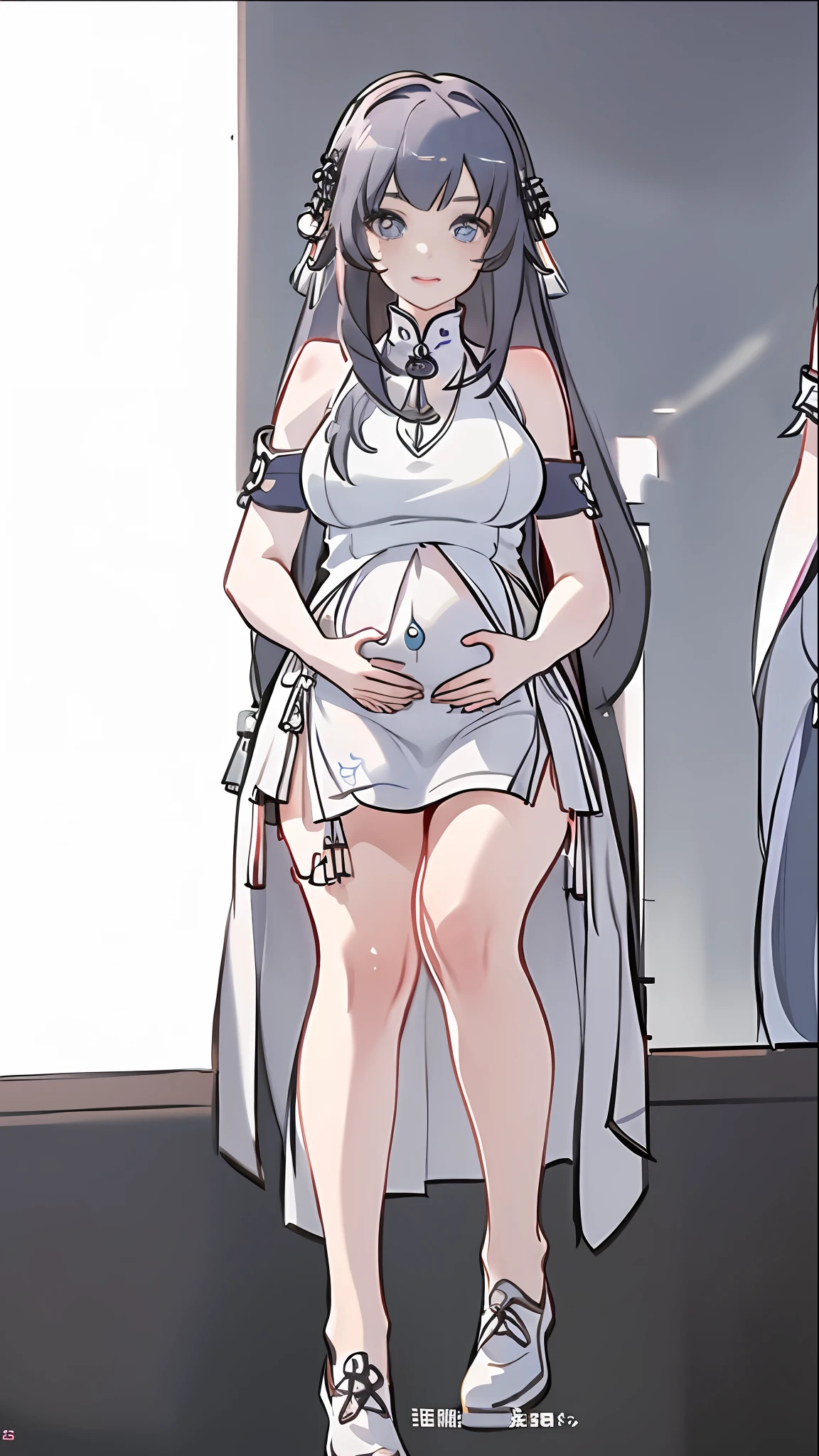 hoang lap、tmasterpiece、Best quality、realisticlying、Hyper-detailing、(Shiny skin,sweat leggs:1.4)、Slim、Look at the audience、1girll、Solo、tennis wear、White polo shirt、White sneakers、white mini-skirt、long whitr hair、silber hair、eBlue eyes、(thick thight:0.5)、动态照明、A high resolution、sharp fokus、depth of fields、Large breasts,Pregnant belly,Pregnant women with,a navel,A pair of hands,ssmile,Eyes are loving,Lines of a tight grid,perfect bodies,Wearing white stockings