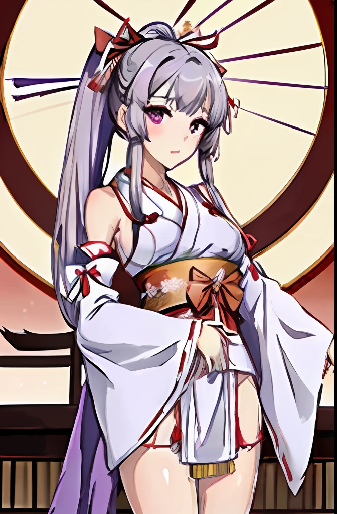 masterpiece, top-quality, 1girl, 独奏, shrine maiden, nontraditional miko, full bodyesbian, Horizontal arm, a purple eye, white thighhig, Middle chest, Look at viewers, bow ribbon, Hair ribbons, Wide sleeves, east asian east asian architecture,poneyTail