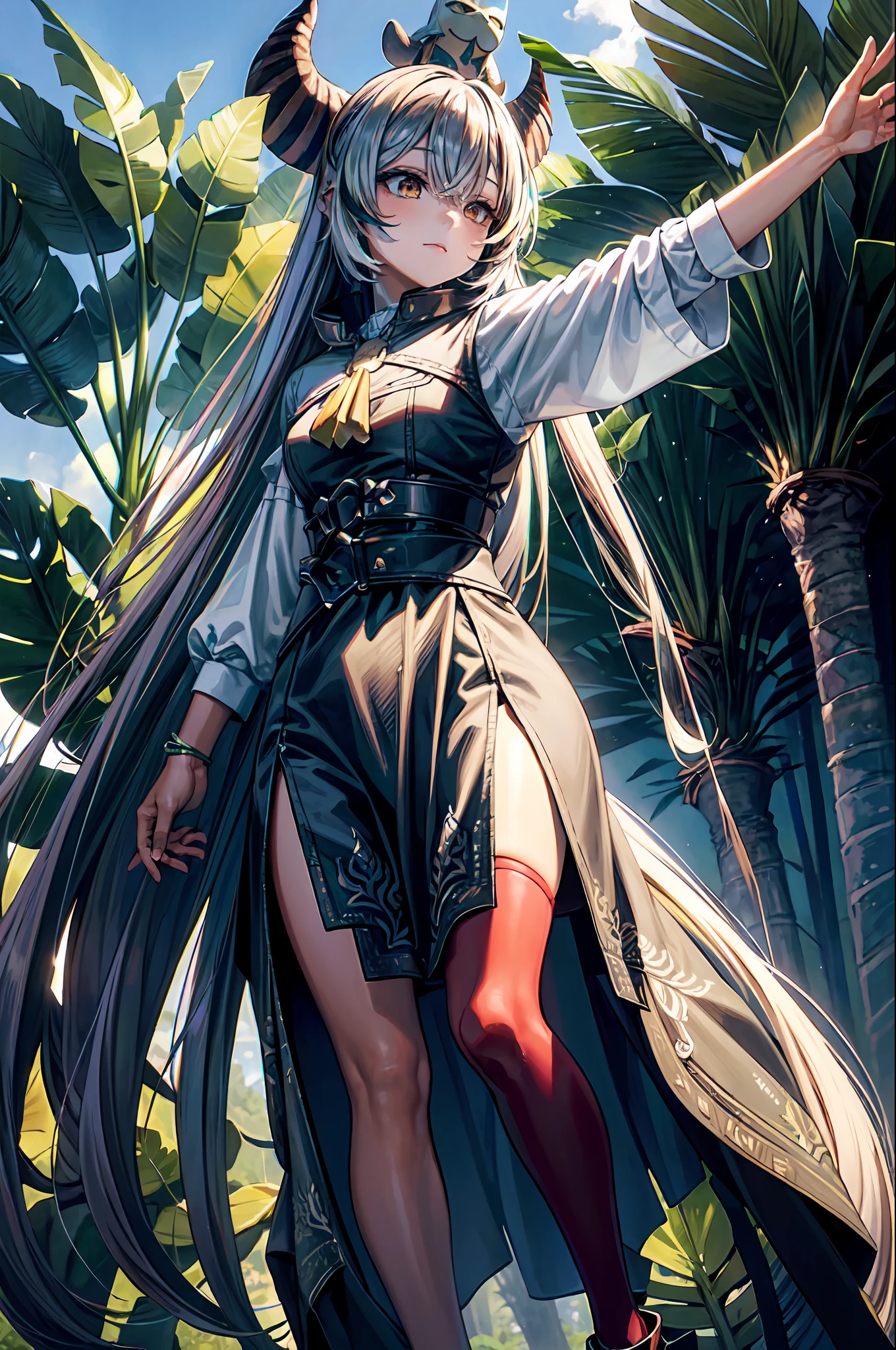 The image shows Nanashi Mumei walking through the jungles near the Holy Angel in Venezuela. She is dressed in light and comfortable clothes, y tiene una mochila en su espalda. A su alrededor, You can see towering trees, Colorful flowers and lush jungle vegetation.En el fondo, you can see the majesty of the Holy Angel, que se eleva majestuosamente sobre la selva. The sky is clear, lo que hace que la imagen sea impresionante y vibrante.The image shows an adventurous woman exploring the beauty of the jungle and the majesty of the Holy Angel in Venezuela. It's a stunning image that captures the excitement and beauty of nature..