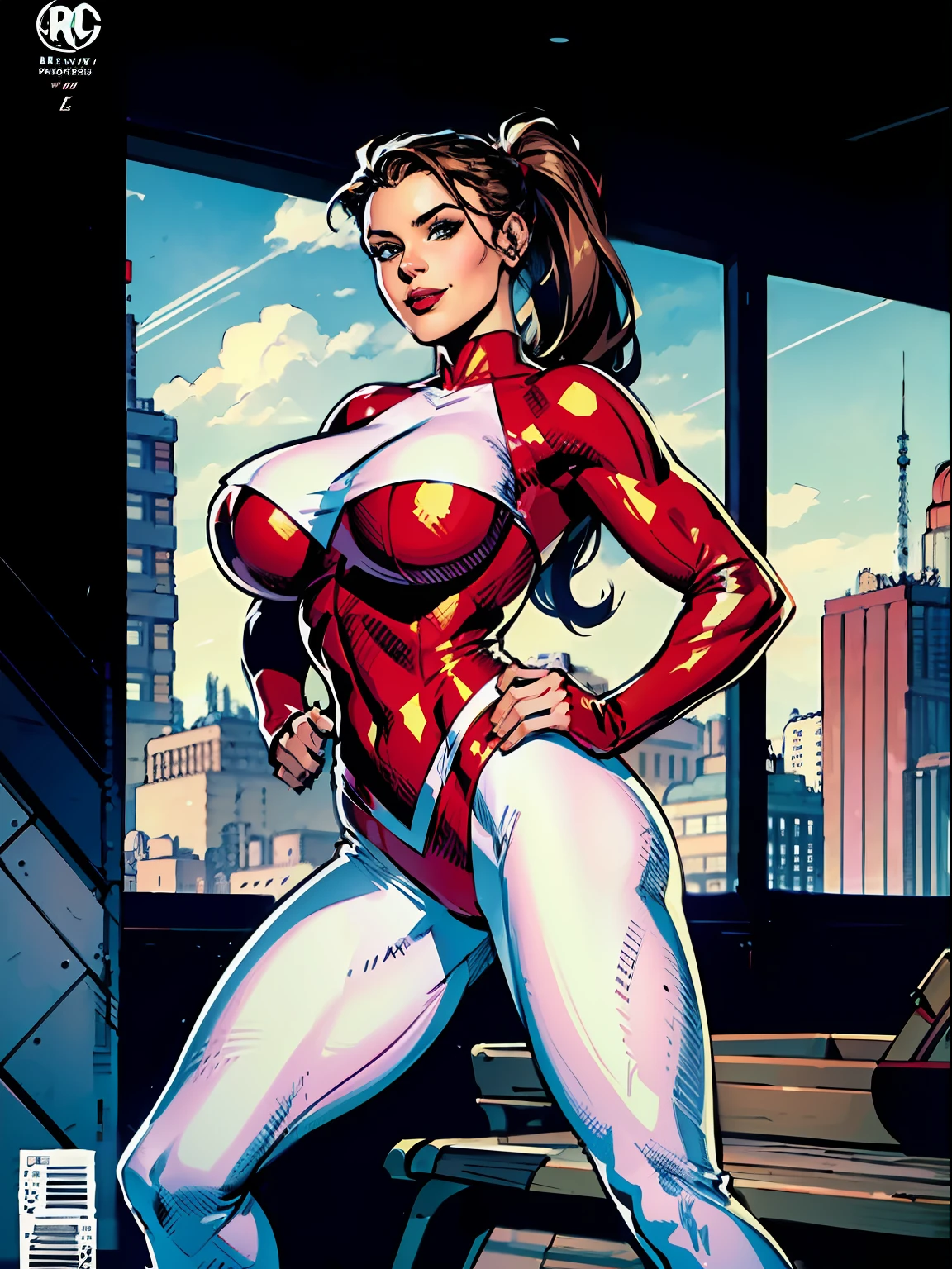 1girl, Stretcher the busty comic book woman, masterpiece, beautiful, high quality, high definition, superb quality, highly detailed, insane detail, sexy pose, posing for cameras, hands on hips, happy, smiling, stretching, hand on hip, long hair, huge ponytail, slim, thin, athletic, womanly, rubbery, elastic woman, (white and red spandex, white and red legs, tight top), rubber body, brunette, ((huge breasts)), city, heroic, cheerful, (bold nose, hawkish facial features),