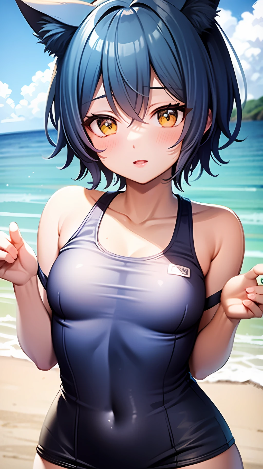 ((4K,masutepiece,Best Quality)),an extremely cute and beautiful girl with cat ears,Beautiful light blue short hair,bangs pinned back,Ahoge,Colored inner hair,Highly detailed beautiful face and yellow eyes,Cute,blush,swim wears,Beach,superfine illustration,shiney sun lighting,Sky Blue Tone