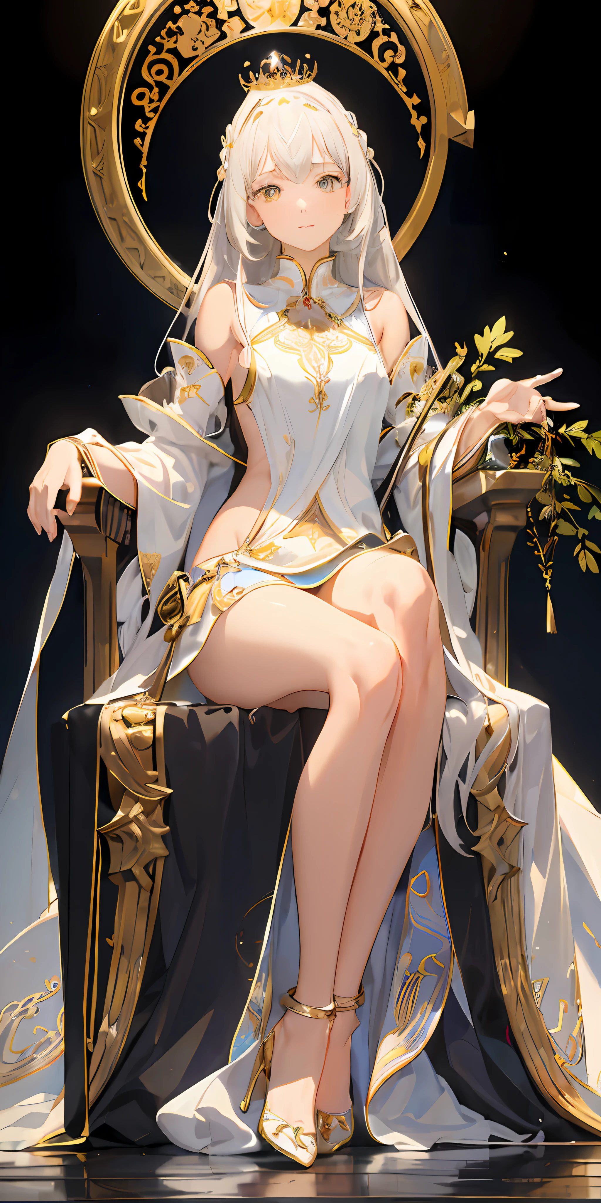 (Masterpiece:1.2), best quality, (illustration:1.2), (ultra-detailed), hyper details, (delicate detailed), (intricate details), (cinematic light, best quality Backlights), clear line, from below, solo female,perfect bodies,(1girl),Gray hair and yellow eyes,(the emperor,Black see-through garment),(tiara crown:1.1),sitting on an royal throne,Close your eyes slightly,low head,low head,(is shy:1.2 ), ((makeup)), High contrast, (best illumination, an extremely create and beautiful), ((cinematic light)), Bright colors,plumw,plump
