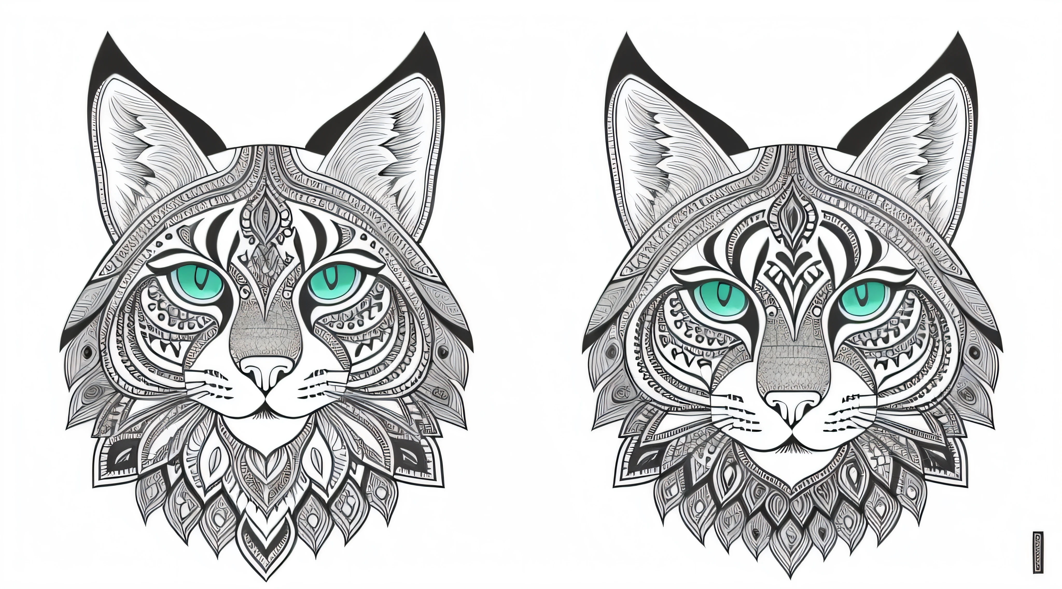 Livro para colorir para adultos, imagem para colorir, imagem em preto e branco, Linhas conectadas, linhas em negrito, simetria, um desenho preto e branco de um gato com olhos verdes, gato detalhado, Anthropomorphic Large M..Aine Coon, arte vetorial altamente detalhada, Highly detailed illustration, design do gato, anthropomorphic lynx, highly detailed and hypnotic, pelo intrincado detalhado, high detailed illustration, Fluffy Cat T - Design de camisa, arte vetorial em preto e branco, Highly detailed illustration. trabalho de linha grossa, Great standards, negative space, thick pattern, sem fundo preto, Cute forest pattern background, desenho, nenhuma parte colorida, Efeito mandala, mandala, arte de linha fina de tinta estilizada, vetor, Adobe Illustrator, .......eps, African pattern, tela cheia, Tecido proporcional, --Estilo "Inspirado em Johanna Basford", --artistic_Level "High", --livro "Livros Secretos", criar_........ai_Colorir_livro, --AR 16:9 --upbeta --s 750"