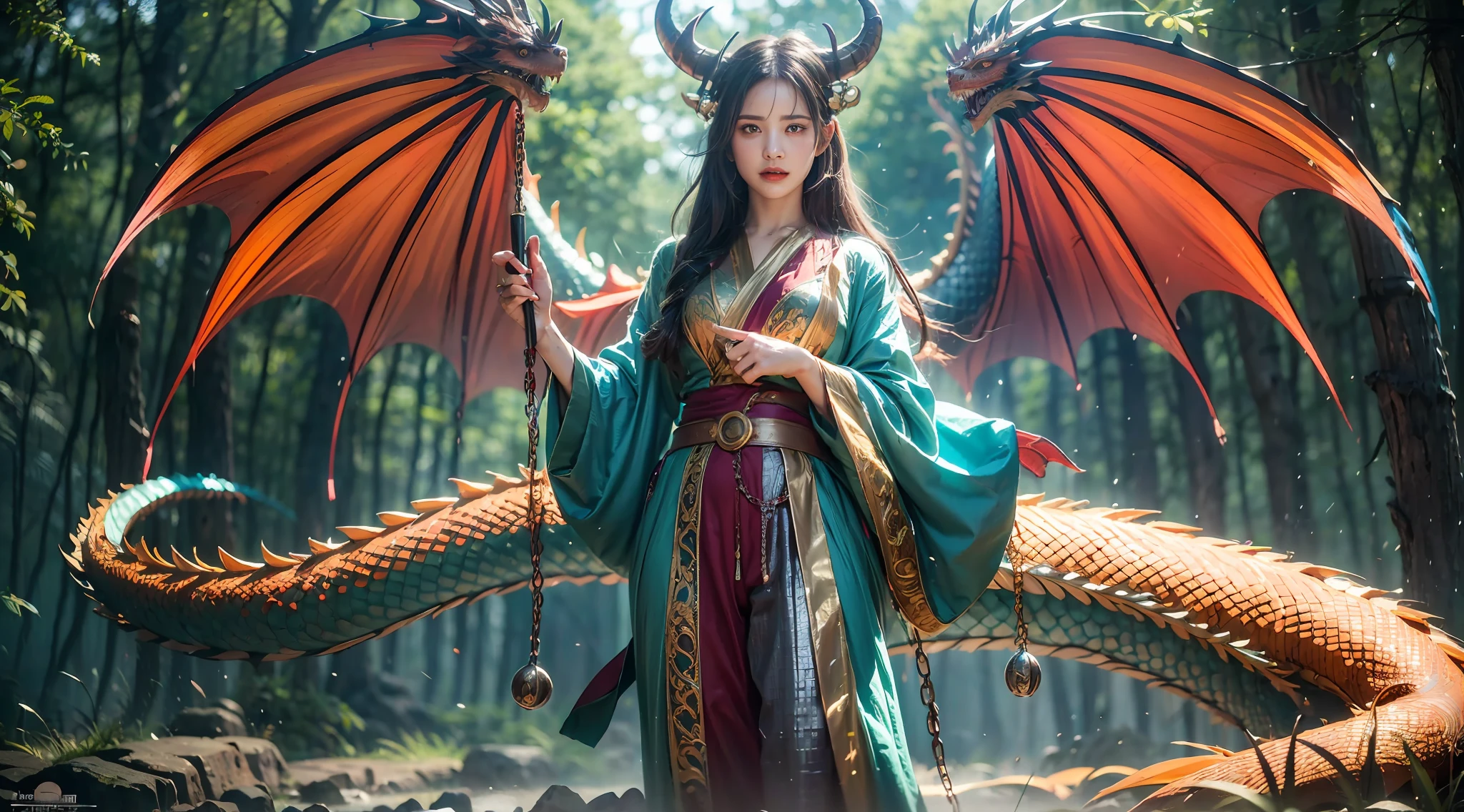 A beautiful girl with a rainbow dragon, ((girl wearing a long robe)), (wearing chain mail: 1.4), (long cloth pants: 1.2), (chain mail with dragon scale patterns), perfect facial features, delicate face, long hair, graceful, wisdom, courage, rainbow dragon, scales, horns, flames, wings, dragon claws, dragon protecting the girl, background for ancient forest, mysterious connection, protection, trust, realistic quality, realism, 8k, best quality, masterpiece, cinematic quality, high chiaroscuro, octane rendering