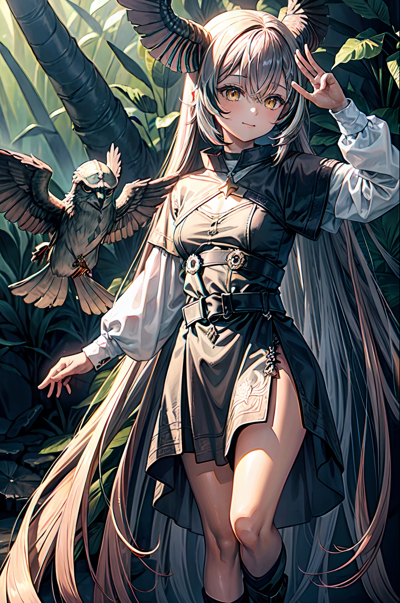 The image shows Nanashi Mumei walking through the jungles near the Holy Angel in Venezuela. She is dressed in light and comfortable clothes, y tiene una mochila en su espalda. A su alrededor, You can see towering trees, Colorful flowers and lush jungle vegetation.En el fondo, you can see the majesty of the Holy Angel, que se eleva majestuosamente sobre la selva. The sky is clear, lo que hace que la imagen sea impresionante y vibrante.The image shows an adventurous woman exploring the beauty of the jungle and the majesty of the Holy Angel in Venezuela. It's a stunning image that captures the excitement and beauty of nature..
