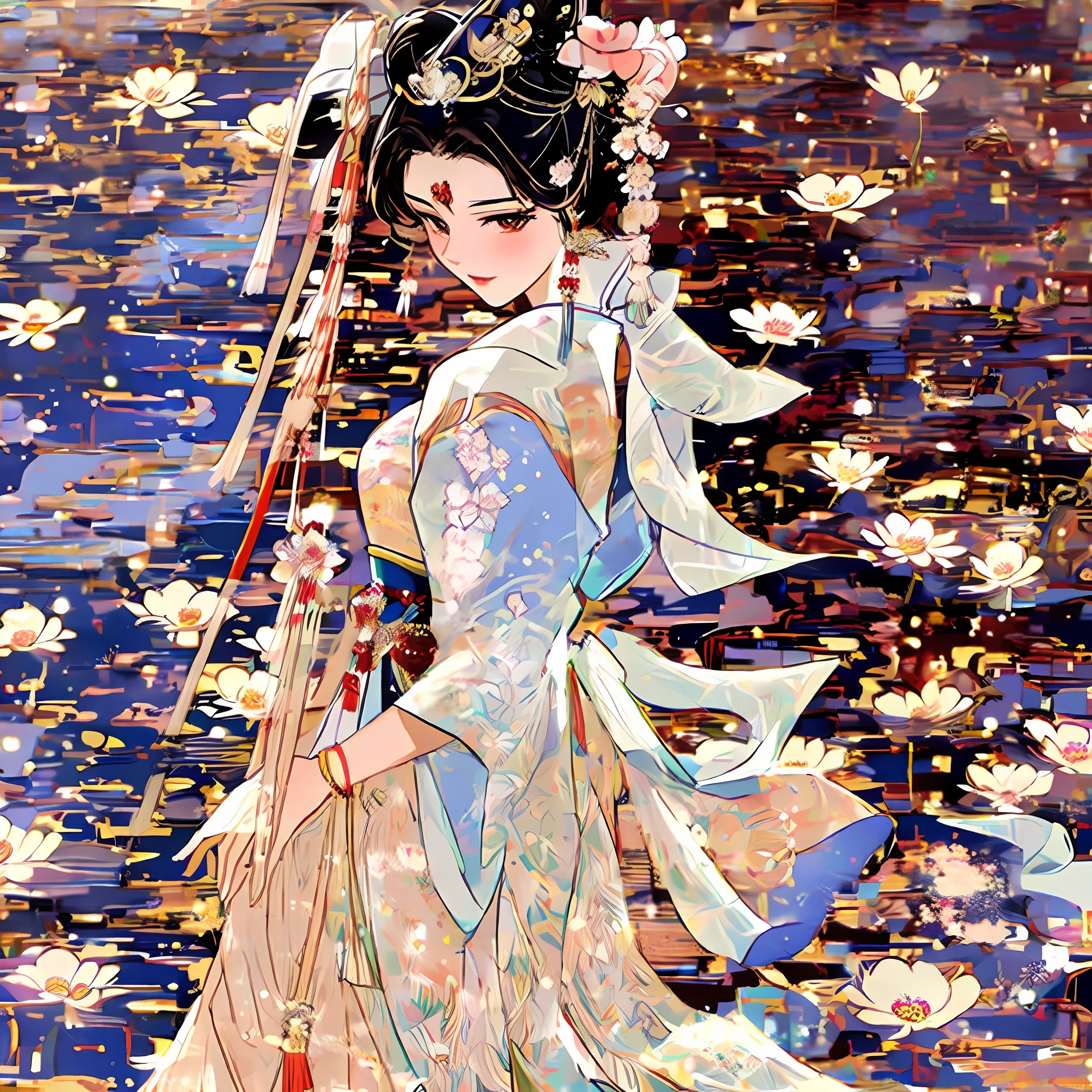 A close-up of a woman in Hanfu，Flowers in the hair, geisha hairstyle, ancient chinese beauti, traditional female hairstyles, Princesa chinesa antiga, remarkable geisha make up, ancient china art style, Wearing ancient Chinese clothes, China Princess, chinese empress, Traditional beauty, Beautiful rendering of the Tang Dynasty, eardrop，Delicate headgear