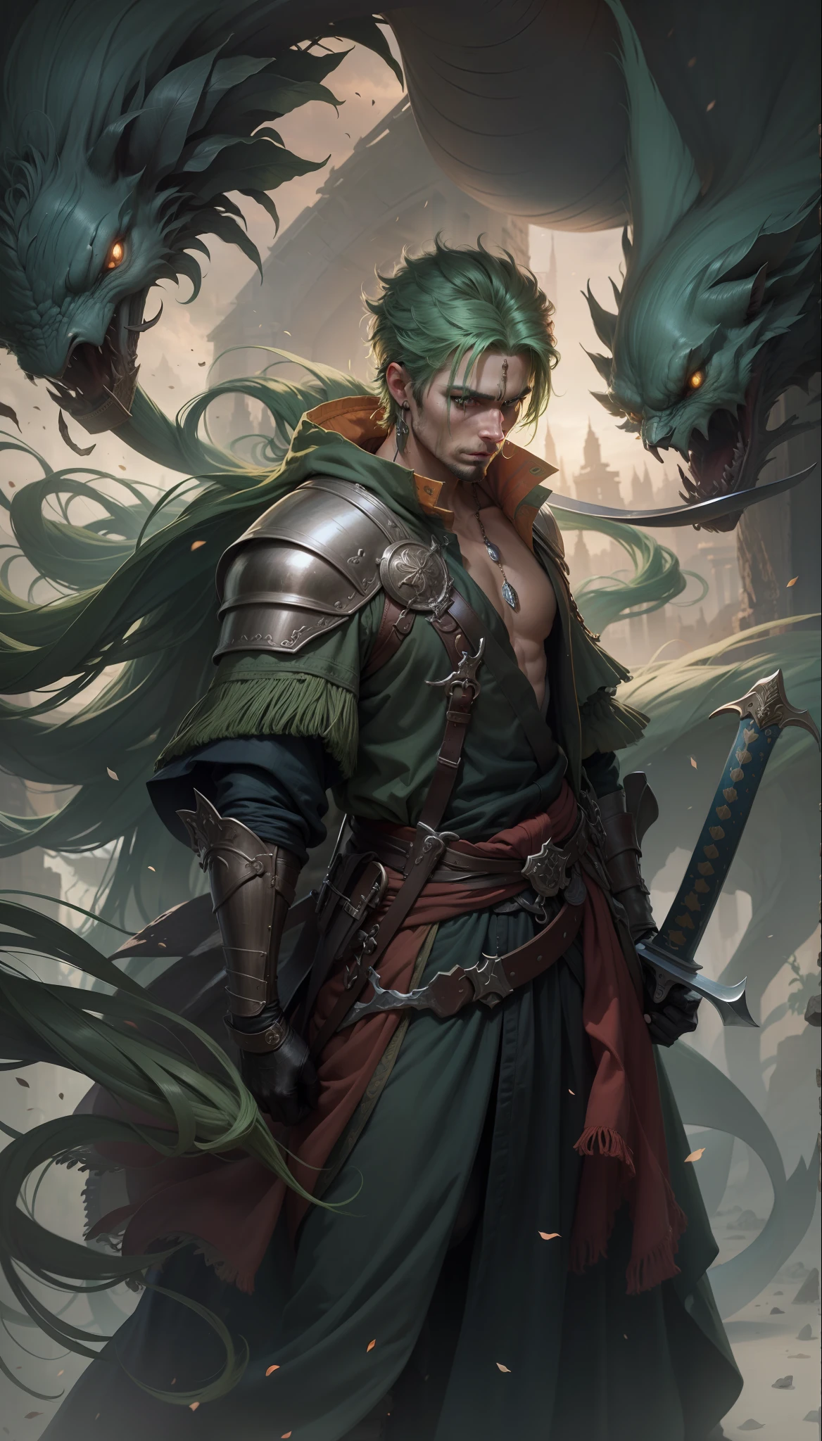 handsome green hair carry a sword, cenematik