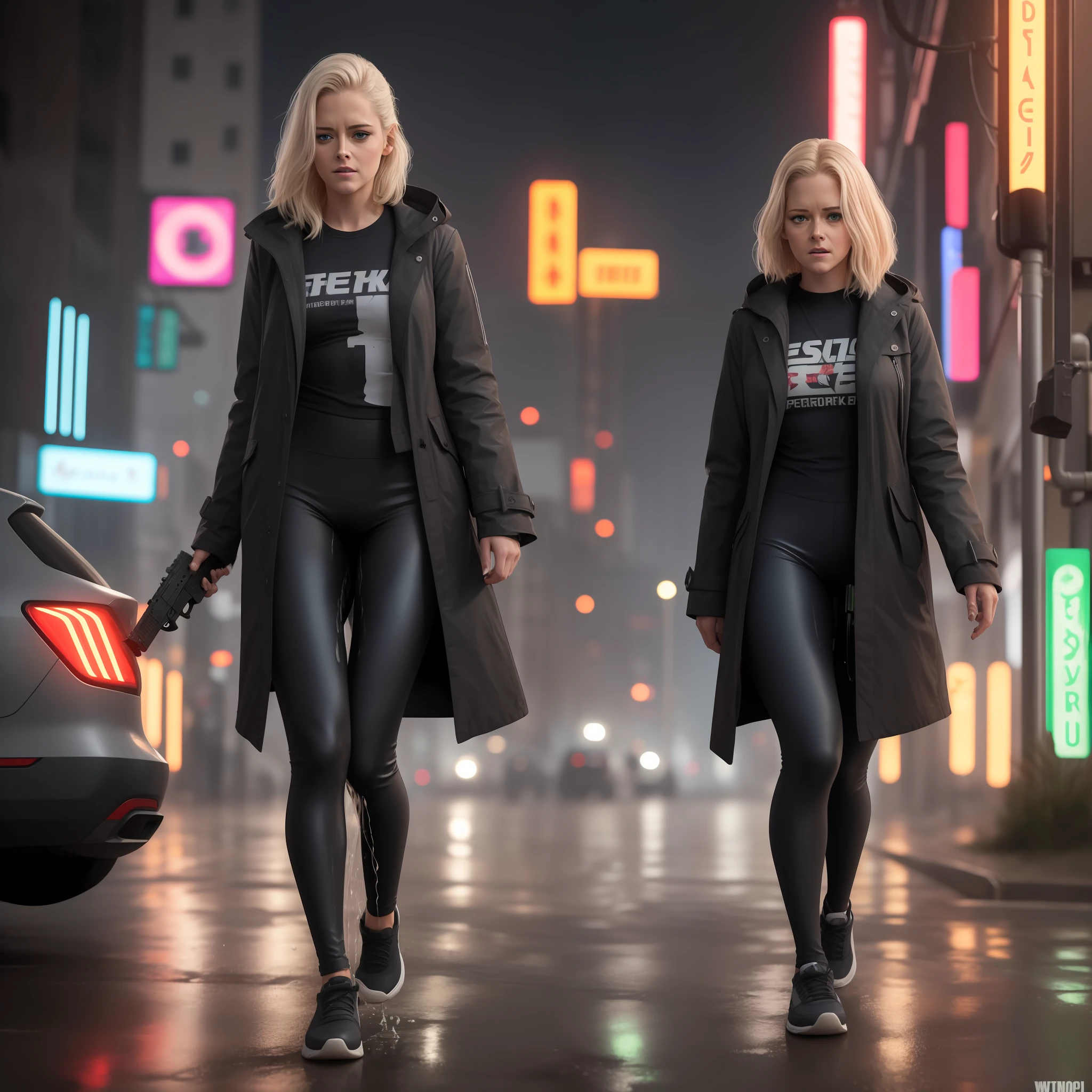 Perfekt quality, highres, kirsten stewart as a bladerunner, very short platinblonde hair with blue strands , sporty body, wearing a black trenchcoat over a green tubetop and grey ultratight grey leggings, armed with a bladerunner gun, standing in a dystopic cyberpunk street at night, need to pee, desperate look in her face, peeing her pants, wetting herself, pee running down her legs, pee pouring out pants, visibly wetness,