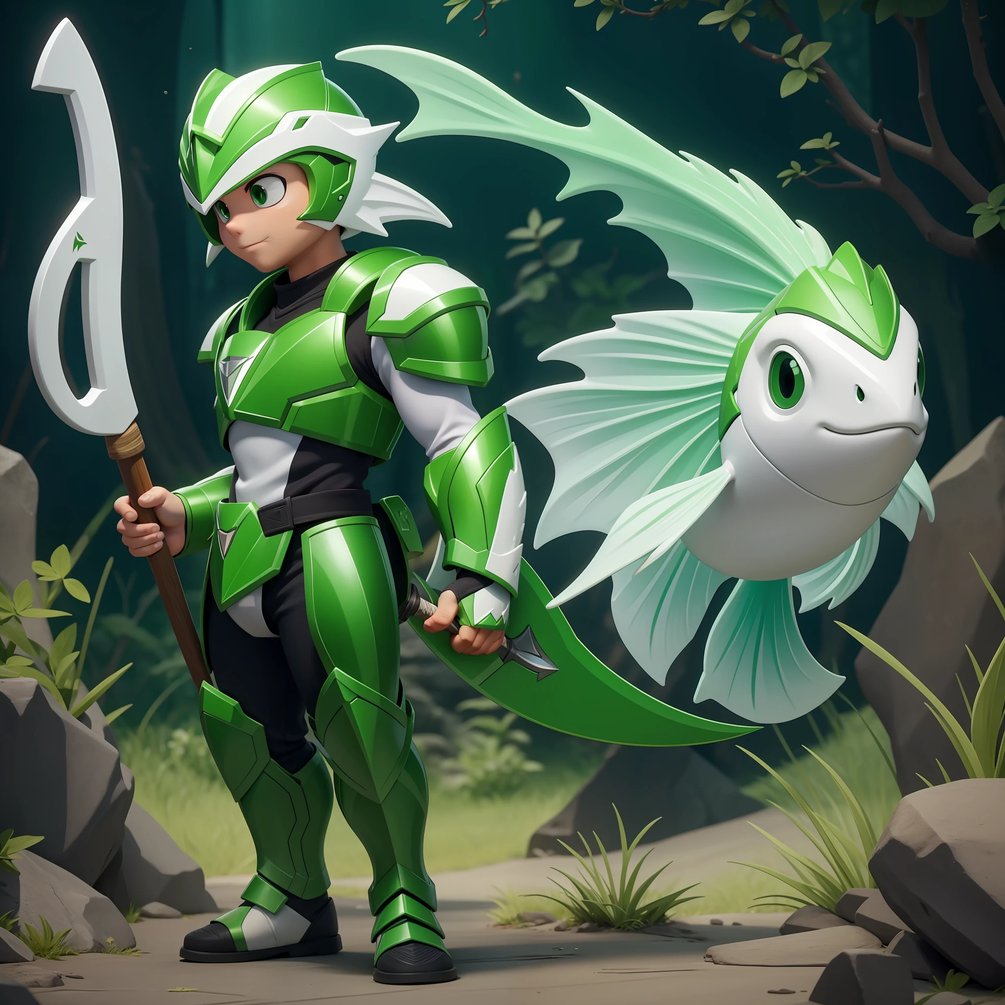 A fish that has white scales and fins, green ranger armor, and a green and white axe, masterpiece, best quality