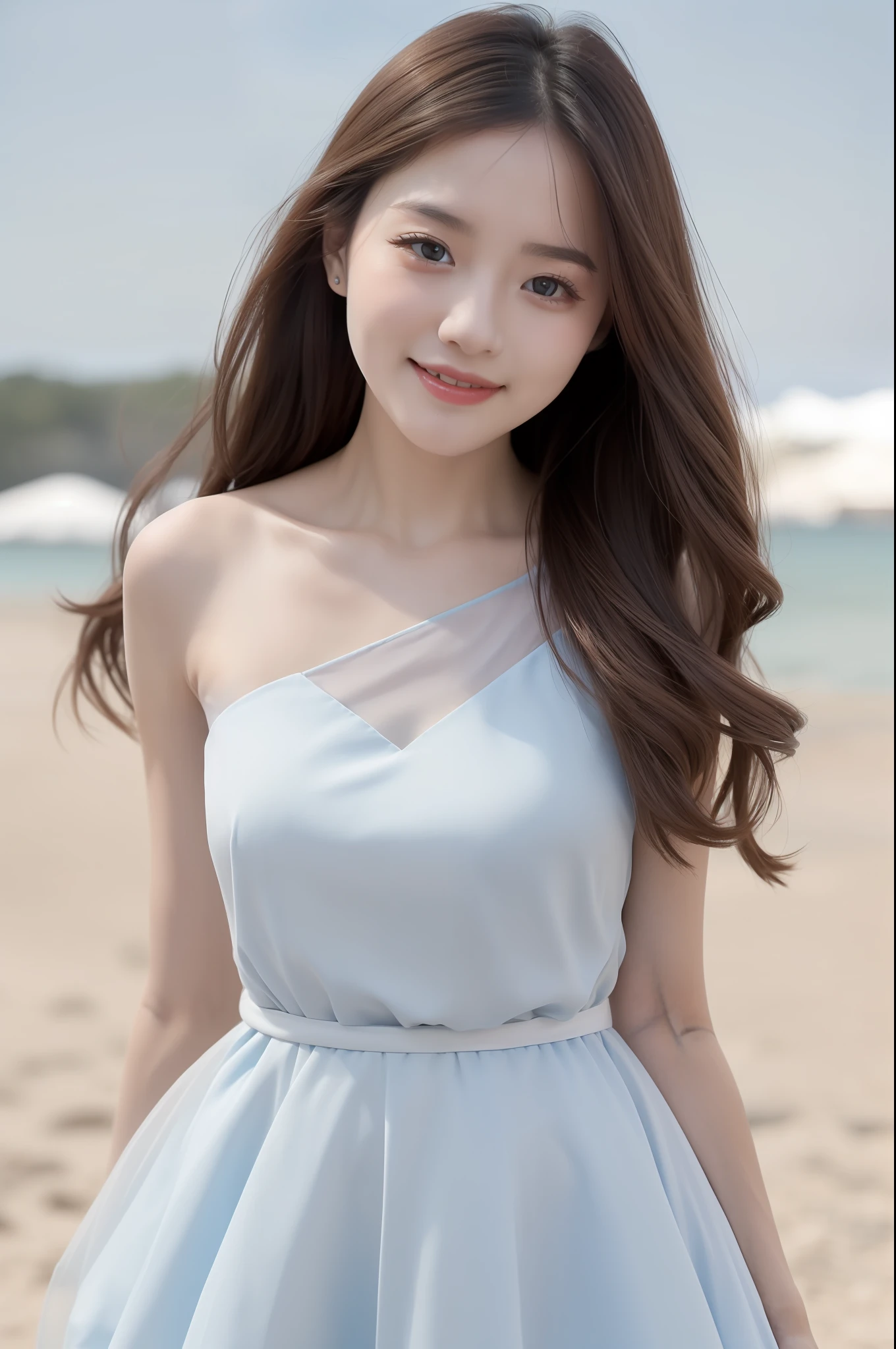 high detal,8K分辨率,超高分辨率,Young beautiful girl slightly fat,((waist-up)) ，full bodyesbian，A cute girl，long whitr hair，Bright and clear eyes,(voluminous hair,鎖骨,Exquisite and perfect facial features, the most beautiful big eyes,Long eyelashes,Wear an organza dress，Theron fluffy skirt，Crop topping，sweet eyes,ssmile)，dynamic angle,Extreme picture quality,Highest accuracy,Precise and perfect human anatomy，with blue sky and white clouds，On the beautiful seaside，sandbeach。