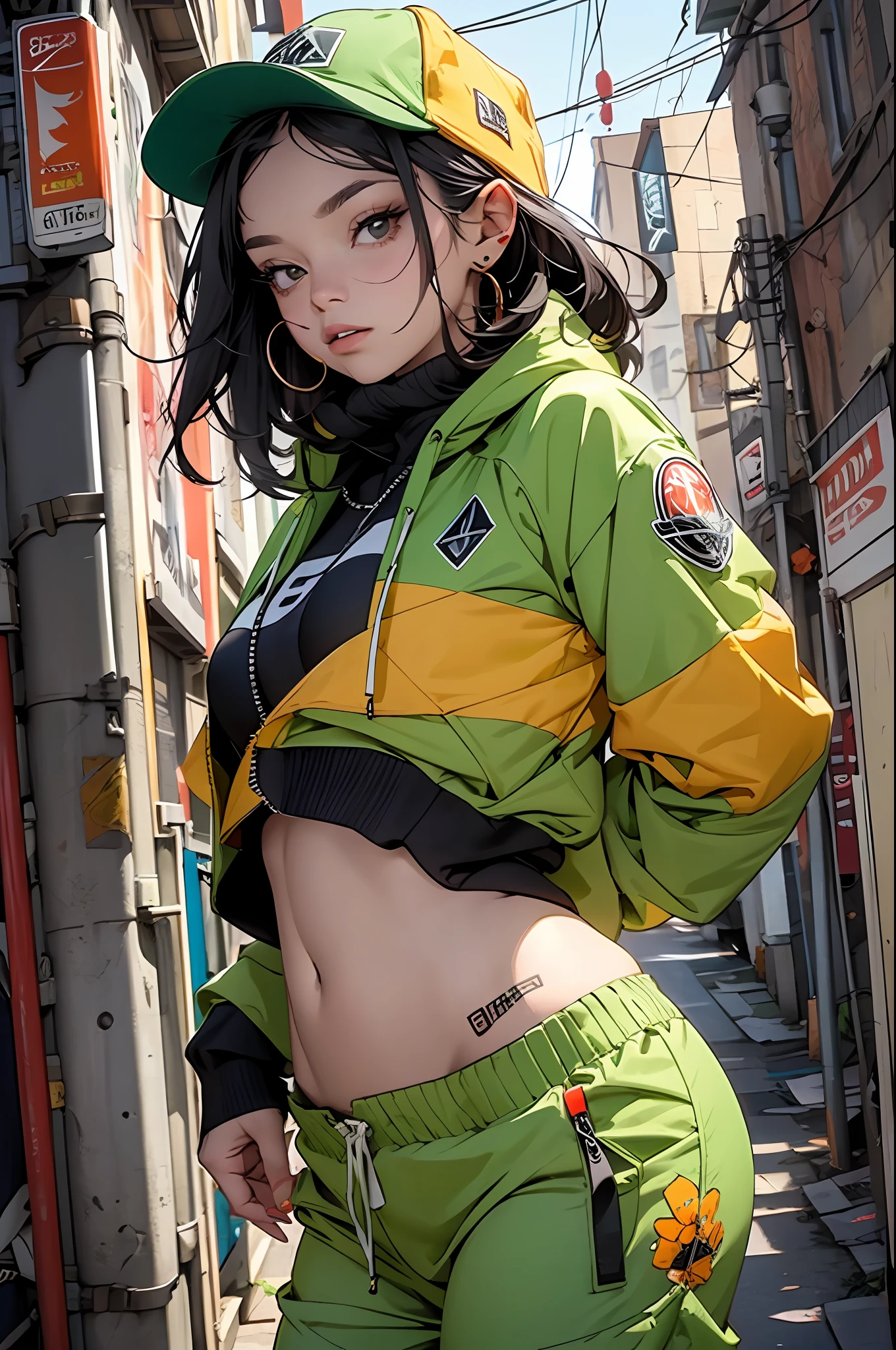 verde: 1.5, laranja: 1.1, Branco: 1.3, amarelo: 1.3, (garota rapper com cabelo pavor), tatuagens, (roupas puffer do poder: 1.2), flor, folhas, mistborn, linhas, background circles
