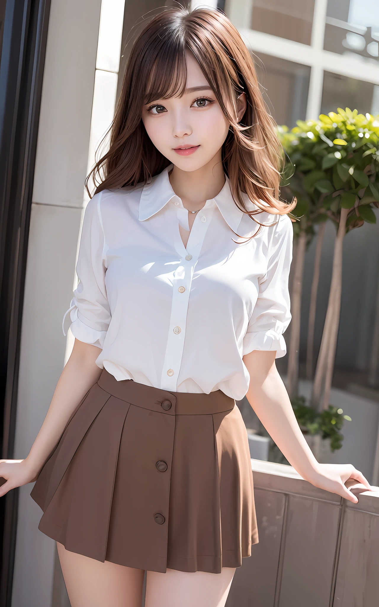 A woman in a white shirt and brown skirt posing for a picture - SeaArt AI