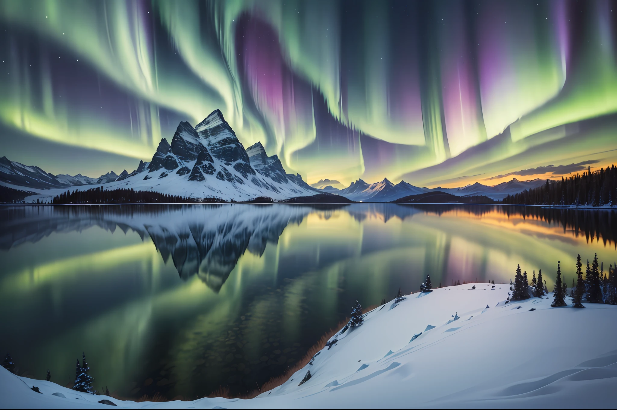 An awe-inspiring landscape photo capturing the breathtaking beauty of the Northern Lights. The sky is adorned with vibrant and colorful auroras, creating a mesmerizing play of light and shadow. In the distance, majestic mountains and a serene lake provide a stunning backdrop to the aurora display. This high-definition photograph showcases the enchanting and realistic beauty of nature's phenomenon. --auto