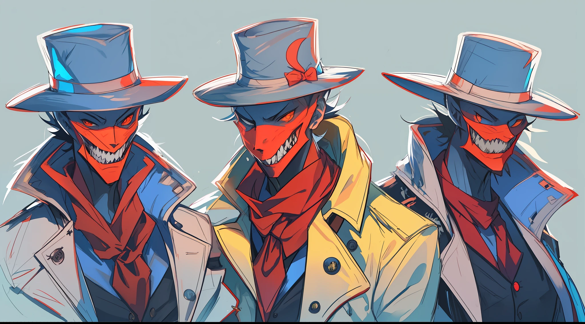 A guy who has no face, no eyes or nose, but has a mouth full of sharp teeth, he wears a blue overcoat, yellow fedora and a red scarf around his neck. Helluva boss Style, Hazbin hotel Style, his skin is flourescent blue. drawing references hazbin hotel style males hand drawing sketchs assigned Hellmitor