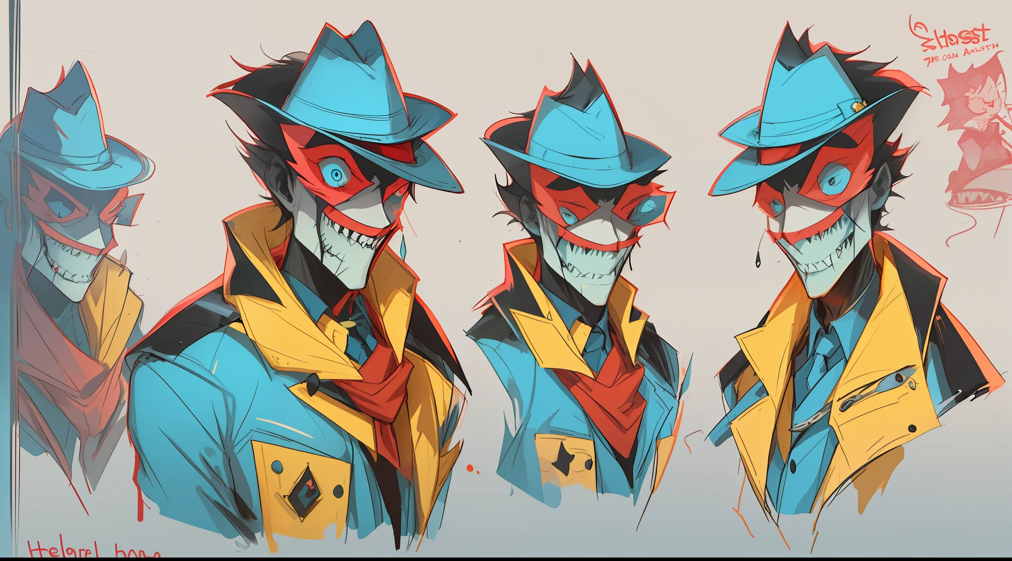 A guy who has no face, no eyes or nose, but has a mouth full of sharp teeth, he wears a blue overcoat, yellow fedora and a red scarf around his neck. Helluva boss Style, Hazbin hotel Style, his skin is flourescent blue. drawing references hazbin hotel style males hand drawing sketchs assigned Hellmitor