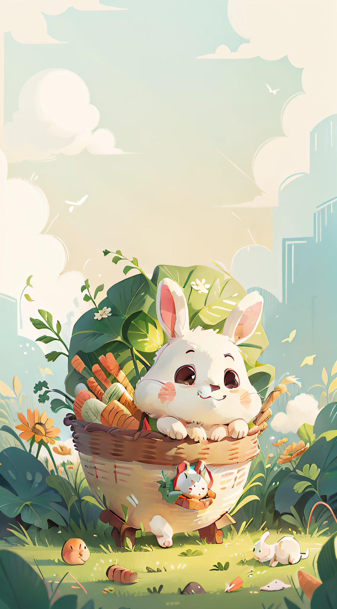 Fresh and simple illustration style, Cute little bunny, Background of green leafy grass, White clouds float in the sky, The little rabbit narrowed his smiling eyes into a line, It carried a basket full of fresh carrots。