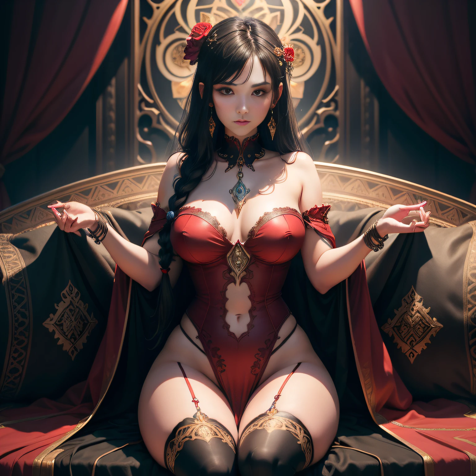 Masterpiece, absurderes, Highly detailed:1.3), dream-state, Digital painting beauty, (Sitting, mature, Slim, Slender,) view the viewer, (Masterpiece), (Best quality:1.2), absurderes, Intricate details, skin indentation, cleavage, Huge breasts, (Highly detailed skin:1.2), (author:Alphonse Mucha Echo Chernik Megan Laura Cho Bingqiang), Sharp focus, Soft and colorful, Centered, symetry, picure, Intricate, voluminetric lighting, Beautiful, rich deep color, Ultra detailed, Digital painting, Mysterious magic, Focused, lush colors, Canon Eos 5d Mark IV and Fujifilm Superia X-TRA 400 film, (Extremely detailed oil painting:1.2), Glow effects, godrays, handpainted, Renders, 8K, rendering by octane, 4 d cinema, blender, Dark, Super delicate atmosphere 4K, cinematic sensual, Sharp focus, humorous illustration, great depth of field, Masterpiece, colours, 3d octane render, 4K, concept-art, trending on artstationh, Hyperrealistic, Vivid colors, Extremely detailed CG unifies 8K, 8K, Diamond, and wallpaper, trending on artstationh, trending on CGSociety, Intricate, High detail, Dramatic,1girll,Outdoor photography,Indoors,long braid,Spread your legs,(Red transparent gauze dress),(red veil),{(Red stockings)},Abdominal exudate,(Red sexy lingerie),(((leg loops))),neck rings,Tattooed with,((Wear a bracelet,choker necklace))(full bodyesbian:1.5