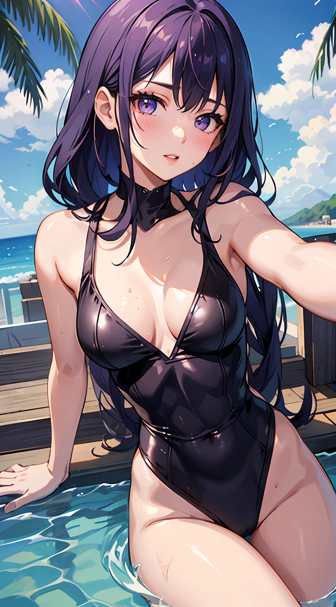 ((Best quality, 8K, Masterpiece :1.3)), Pretty japanese woman, 1girll, Firm breasts: 1.2, (Firm Abs, Slender figure: 1.3), lecherous, view the viewer, Purple eyes, parted lip, Blush, Sensual, moist shiny skin, Makeup, Perfect body, Light smile, Sweat, Wet, Light rays, Glow, Thighs, 鎖骨, Narrow waist, wearing ultra-tight blue one-piece swimsuit, Ultra-detailed face, perfect swimsuit, Slim waist, Detailed lips, Detailed eyes, 二重まぶた, Perfect face, perfect tight swimsuit, Perfect hair, Perfect girl, Small hips, Pose, pool, beach,