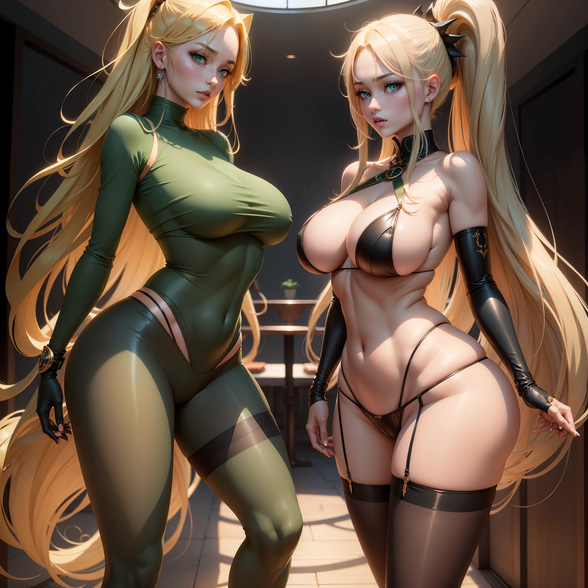 anime, anime style, UHD, retina, masterpiece, ccurate, anatomically correct, textured skin, high details, high quality, super detail, award winning, best quality, highres, 8k,solo,1giri,A beautiful lady with long blonde hair,Beautiful green pupils,Broke pantyhose, shorts, suede booties,Perfect figure, full of temptation, Hollow tights, huge breasts,Tall and very beautiful.