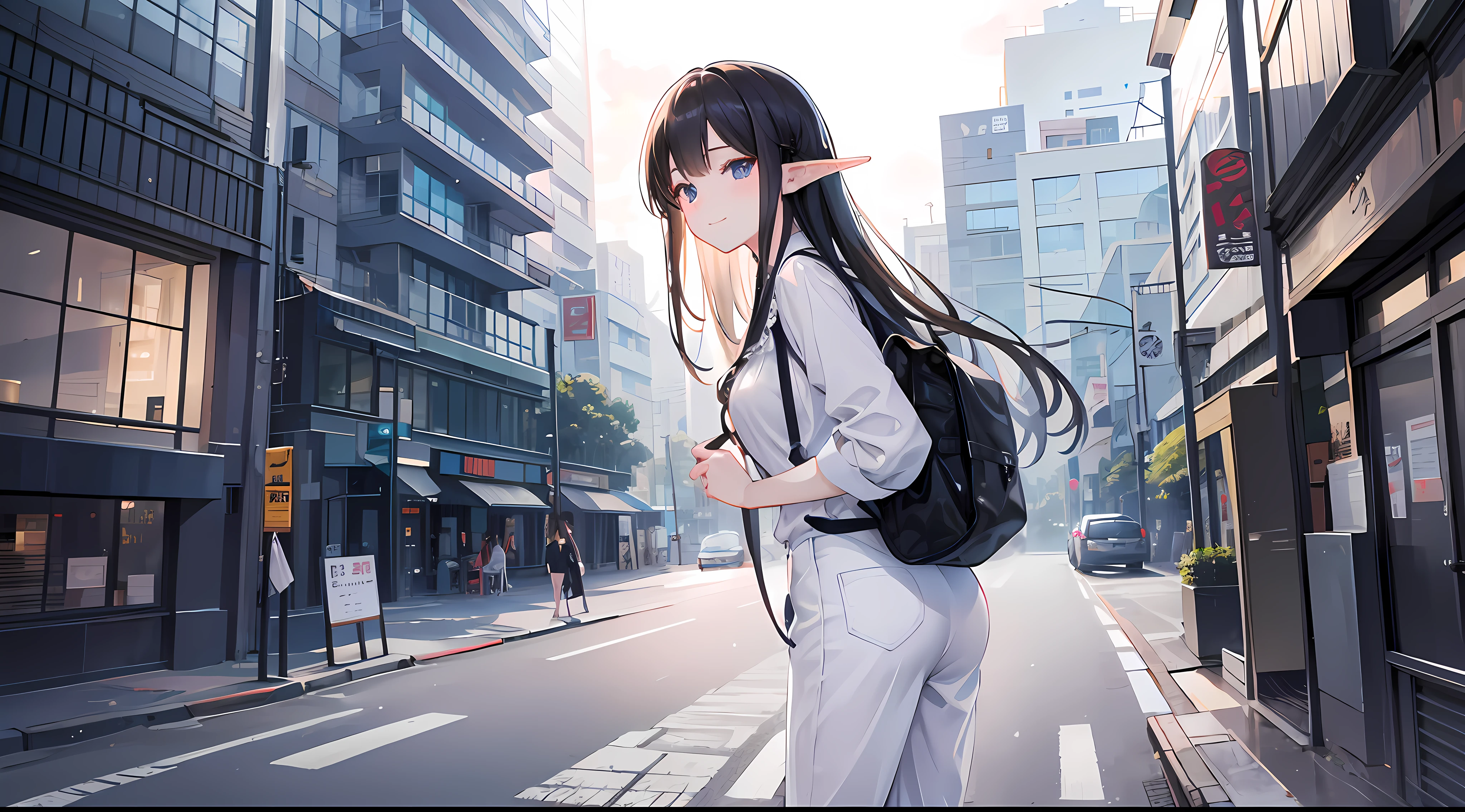​masterpiece、Detailed and realistic photos、Detailed drawing、Female 1、Realistic depiction、Faithful to human anatomy、Young Beautiful Japan Female Elf、Ruddy cheeks、a smile、Extremely low angle、Cinematic lighting、Black straight long hair、Dark and clean eyes、Wearing a white blouse with a lot of white ruffles、、Wearing long black pants、Thigh Gaps、Walking on the sidewalk of the business district、Realistic office district、stares at the camera
