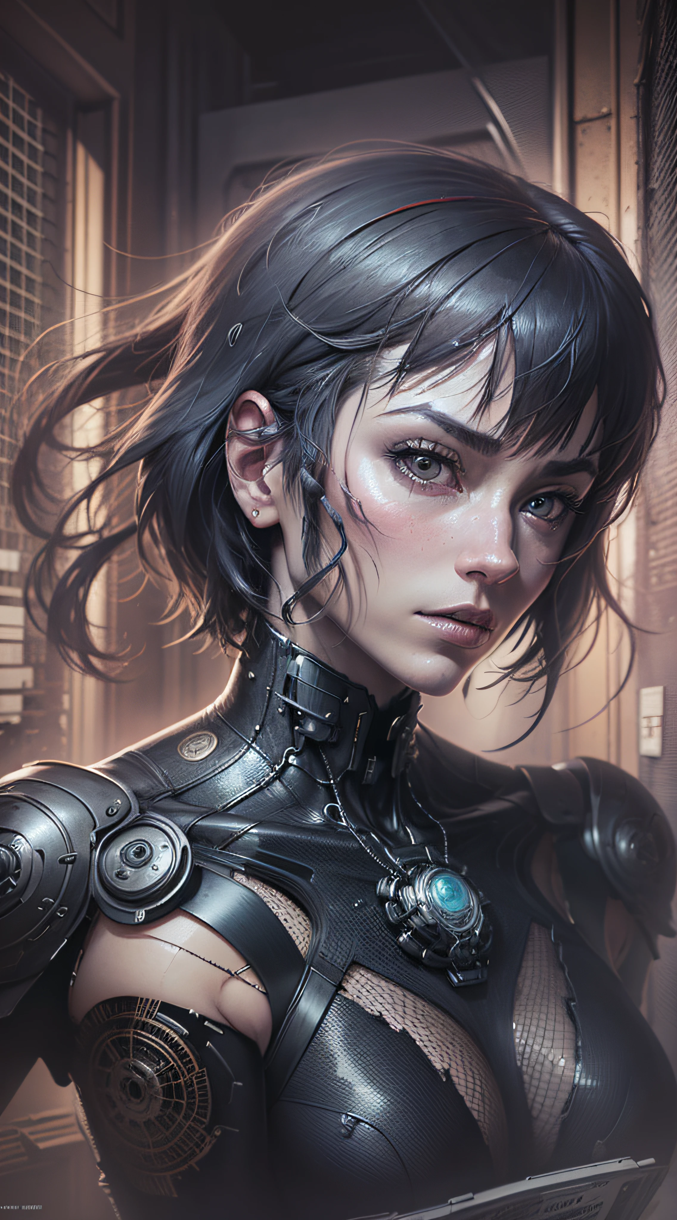 ghost in the shell kusanagi corpo escultural, numa maquina com cabos e fios ligados,