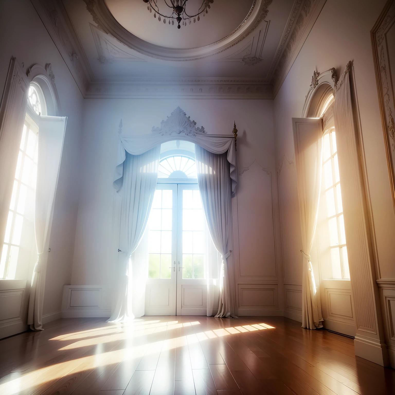 Super Photo realistic, cinema photographic, inside of castle, white room with high ceiling. with white furniture with really good bright lighting. White curtain, nice morning sunlight coming through windows and through white curtain.