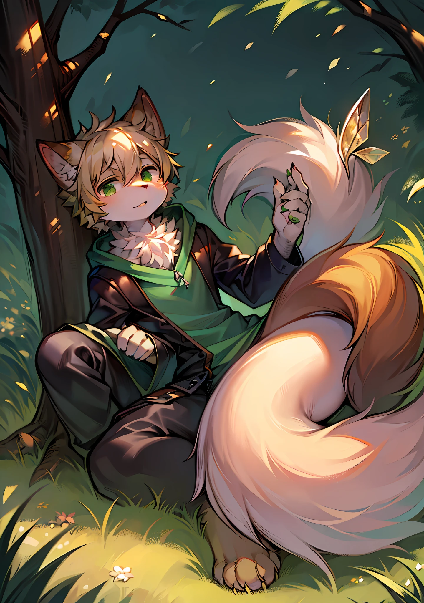Masterpiece,High quality,abstract res,Digital painting\(artwork of a\), author:BrukkiGunar, Yupa,Kiyosan,(anthro,Fluffy fur,Character focus:1.1),anthro male cat,Portrait , eyes with brightness, in a panoramic view, Character focus.(detailedbackground:0.7), 独奏, shaggy, shaggy male, Majesty,apathy,Handsome,malefocus, Robust,Strong anthrax(Full Body Furry, It has a fluffy tail,With a green pattern, White fur, Dark green eyes), (Long felines、moth、White feathers、Dark green ears、Beige tail、Green pattern、Beige hair、Manteau:1.2),(External、In the daytime、Dense grass、Low tree、clear skies、grassy fields)