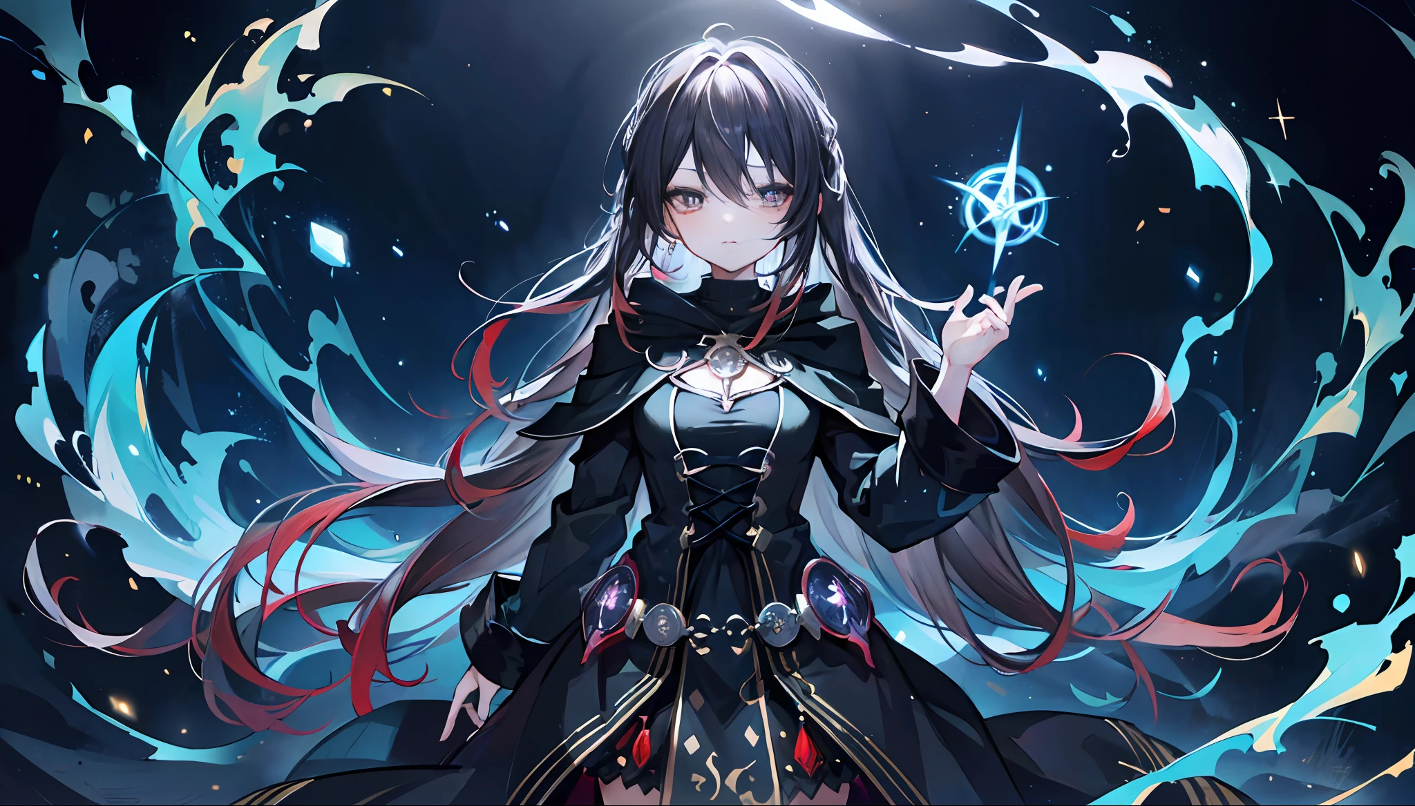 "(mystical magic, high quality), (a powerful mage shaping a spell), in a black robe, surrounded by magical particles, intense and mysterious atmosphere,[soft illumination^1.1]."