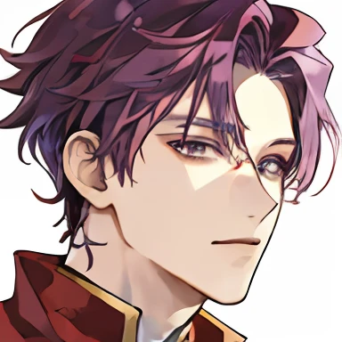 Close up portrait of a person with purple hair and red jacket, lance, avatar image, Plata, nobutaka ike, takumi fujiwara, Inabune Design, jrpg character, The protagonist, umanosuke iida, 2 d sprite, kazuma kaneko, koda kazuma, Kazuto Okada。
