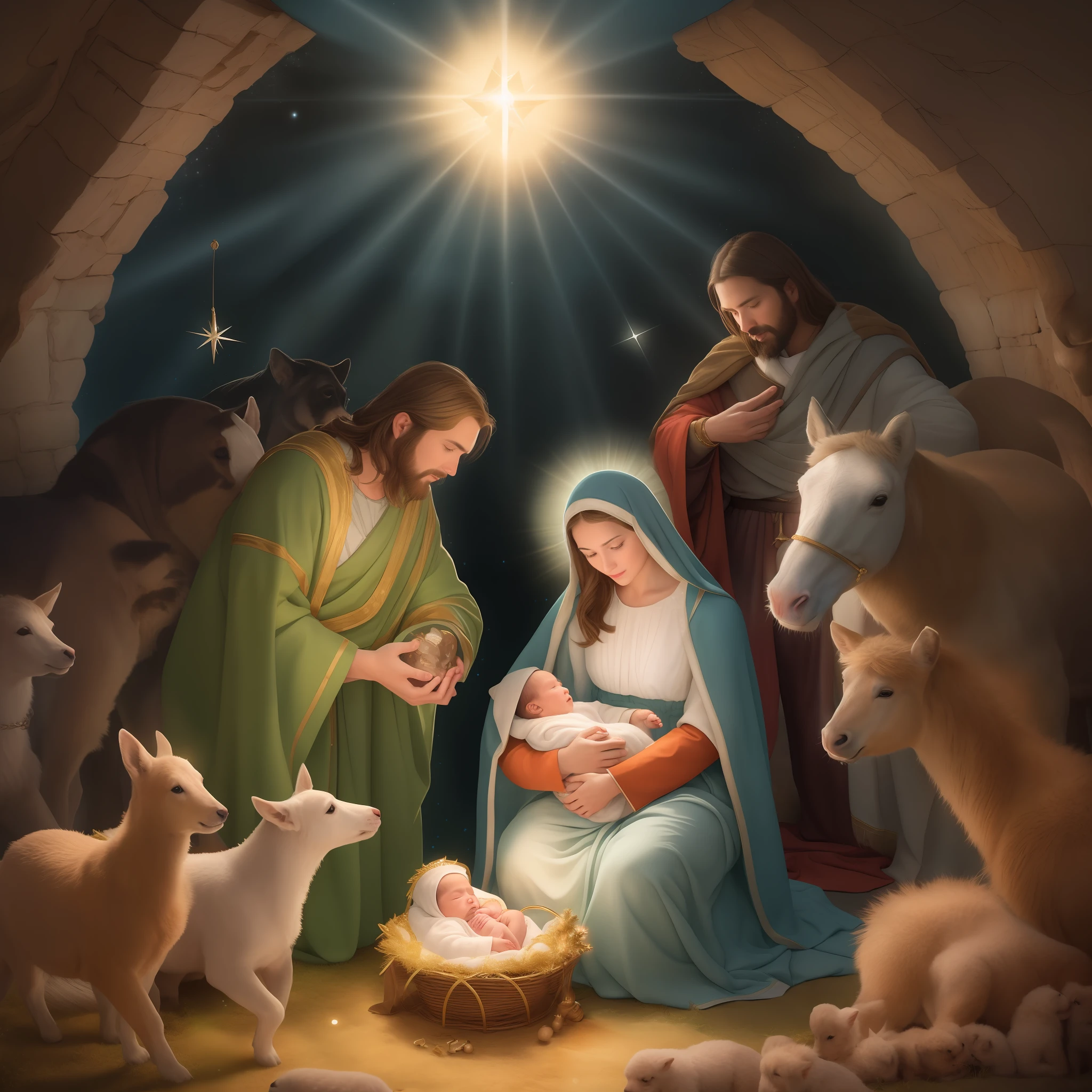 "A nativity scene with Mary gently cradling Jesus in a manger, while Joseph stands watch over them, appearing in awe. Rays of light shine down from a bright star above them onto the newbe manger is surrounded by animals gazing with wonder. In the background, three kings bearing gifts approach following the star. Jesus has a faint halo around his head and a small glowing orb depicting the Earth cupped in his tiny hands, representing his future leadership of humanity."