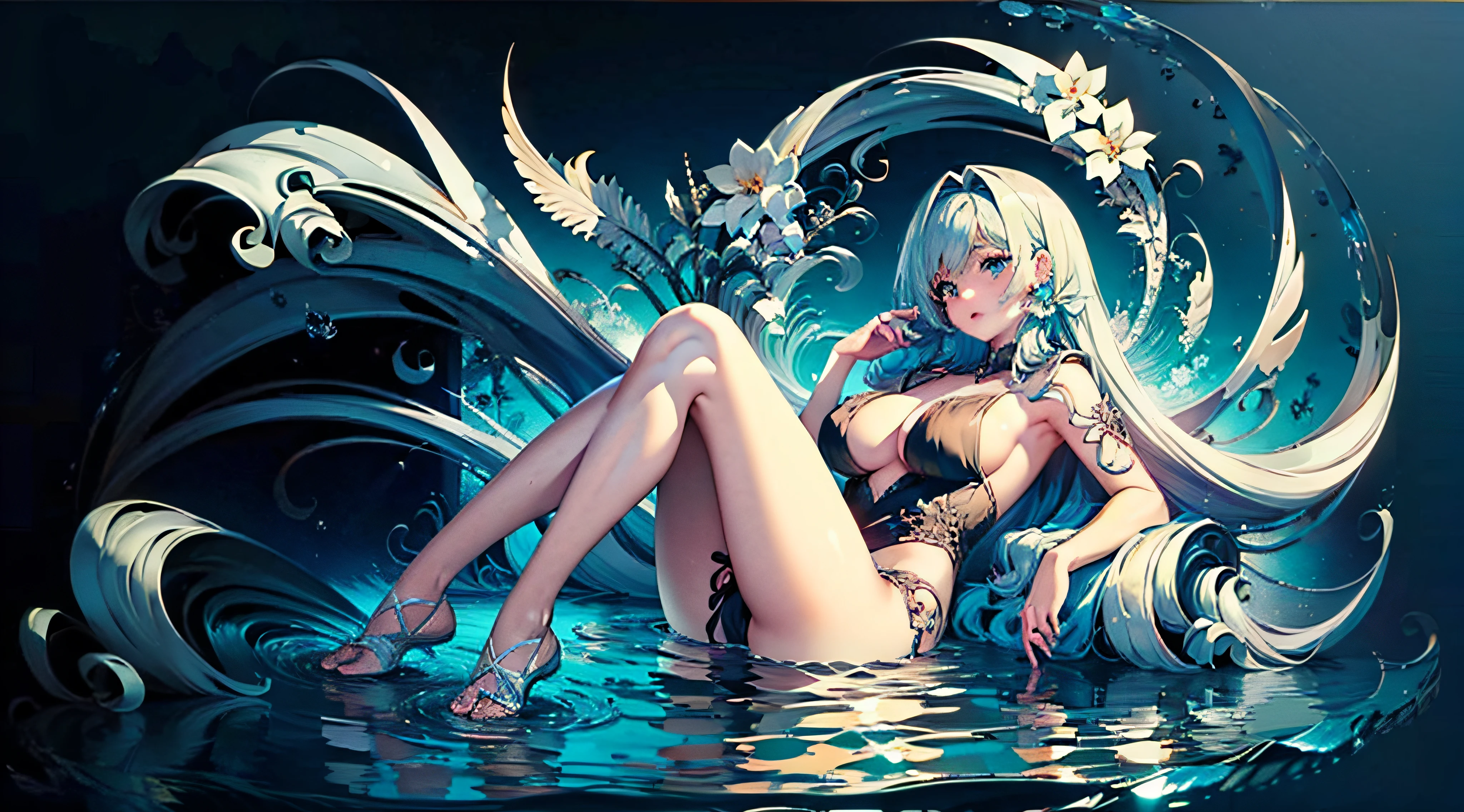 Full body, equally beautiful anime style girl, (beautiful and delicate eyes), delicate blue eyes, water ripples, 20 years old, sexy theme, high detail, perfect face shape, perfect body, oversize model, mature woman, tall long legs, super huge breasts,,,16k