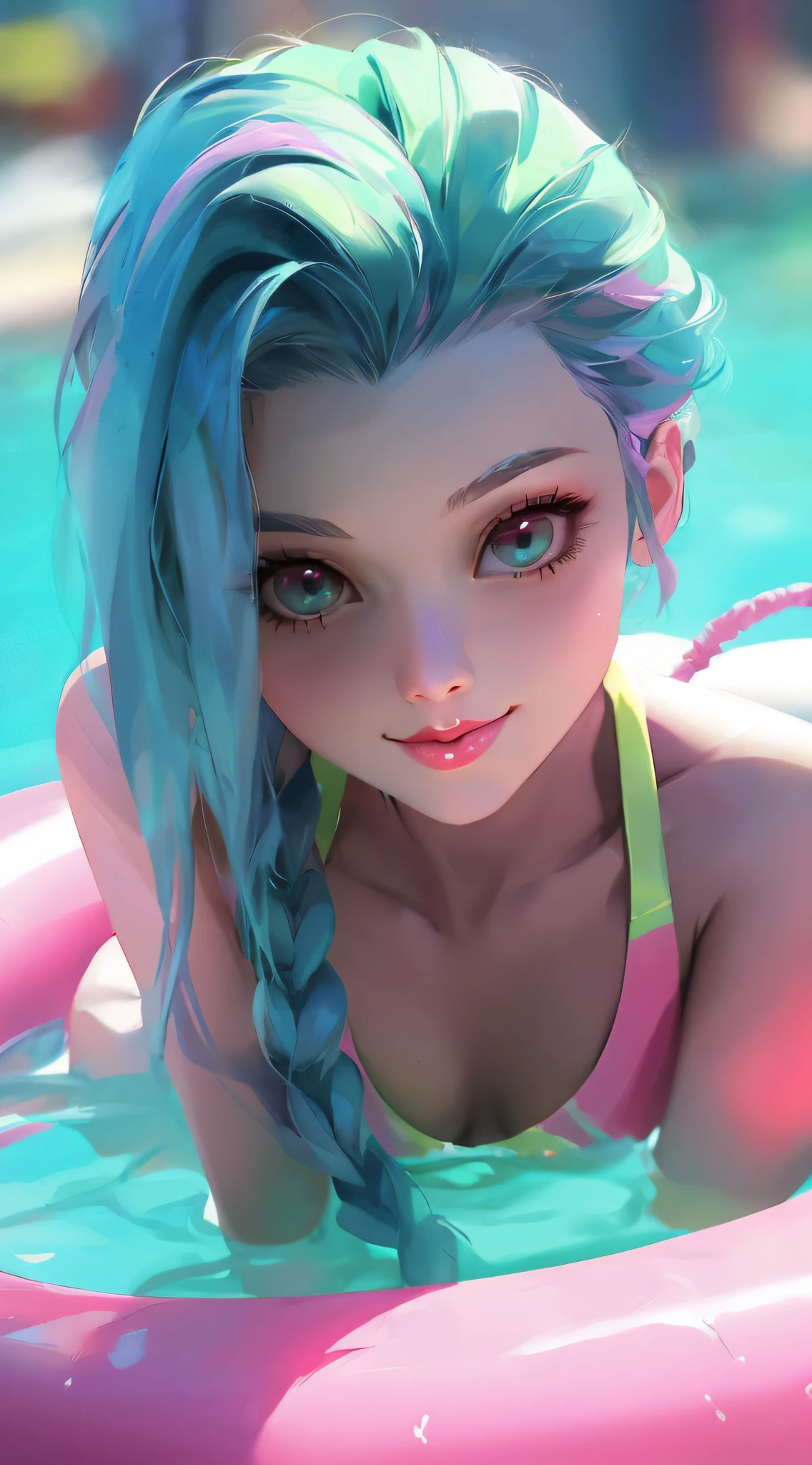 There was a girl with blue hair lying on a pink float, In the style of Ross Tran, Guviz-style artwork, inspired by Ross Tran, Extremely detailed Artgerm, Deviantart ArtStation CGSCOSIETY, Ross Tran style, Style Artgerm, portrait of jinx from arcane, Ross Tran 8 K